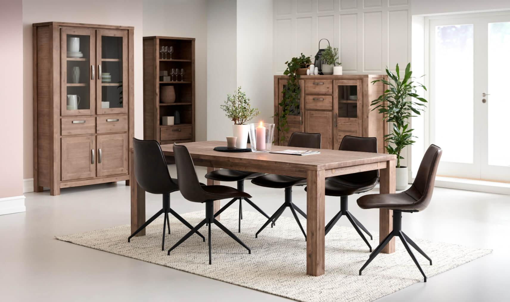 Alaska Rectangular Solid Acacia Dining Table 140x90 cm with brushed surface showcasing rich wood grain patterns.