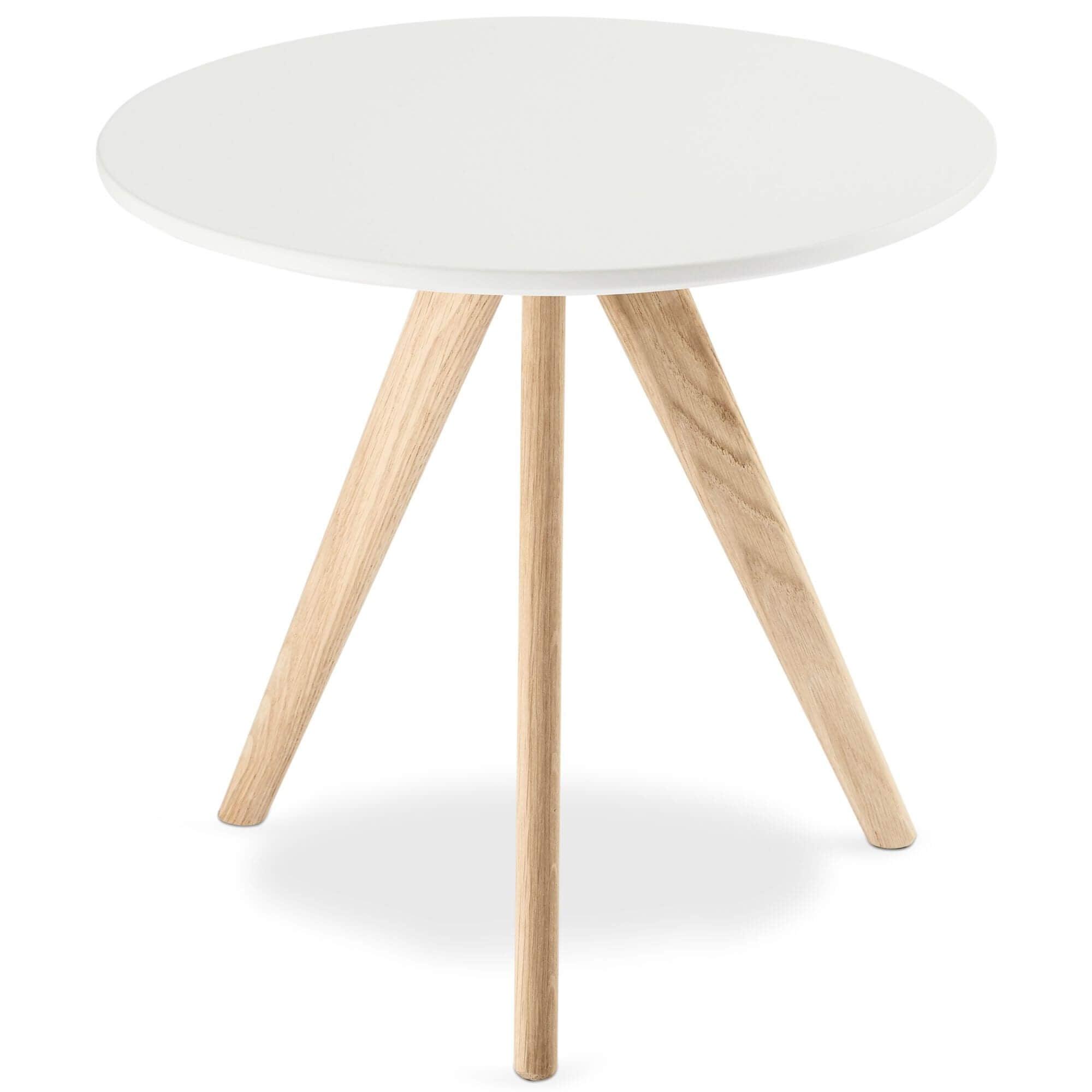 Round white and natural coffee table with lacquered oak legs, stylish and modern design.