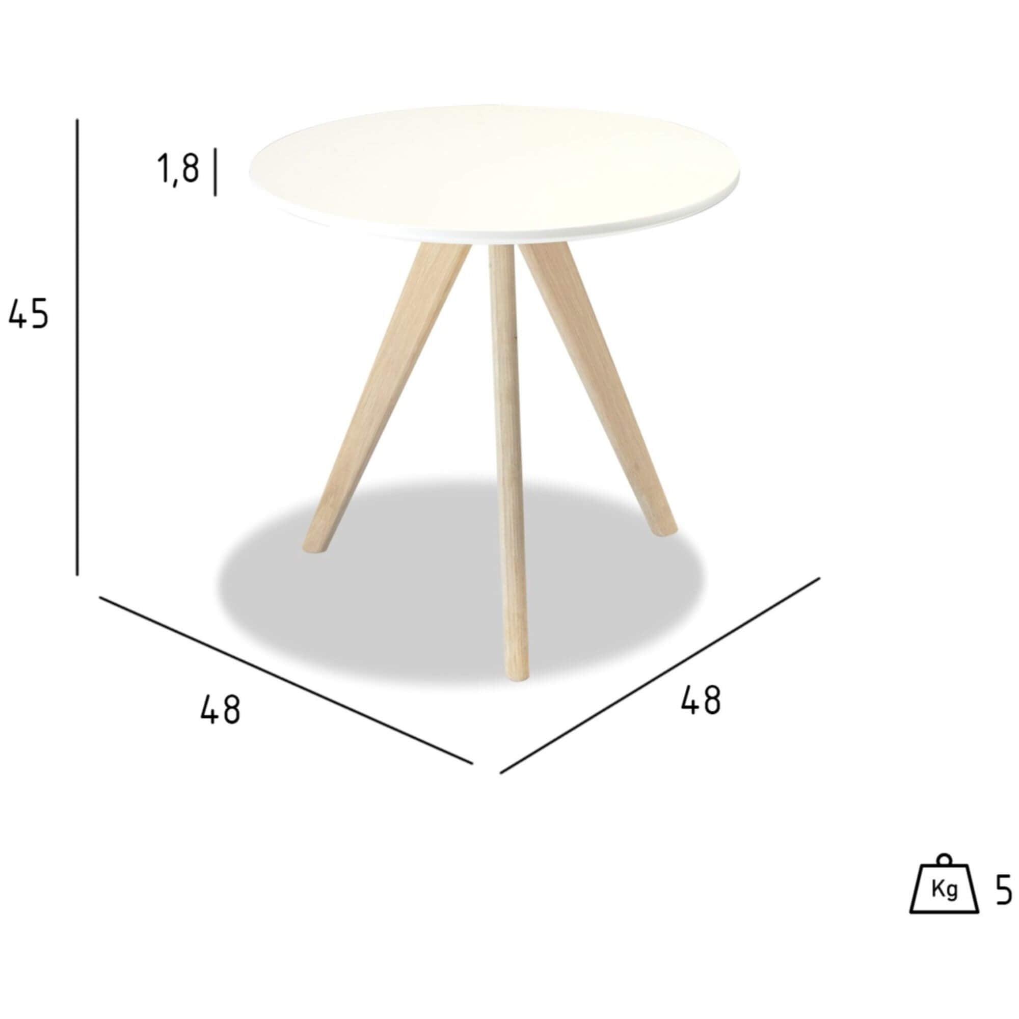 Round white and natural coffee table with lacquered oak legs, stylish and modern design.