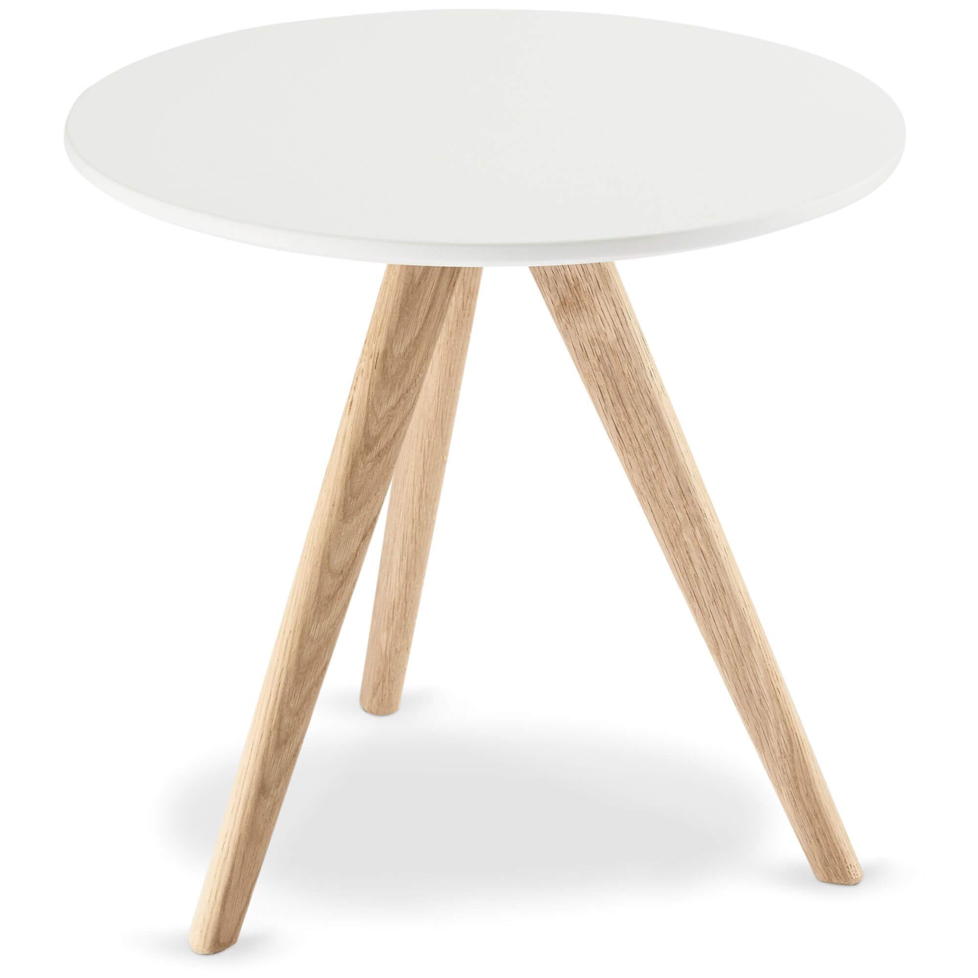 Round white and natural coffee table with lacquered oak legs, stylish and modern design.