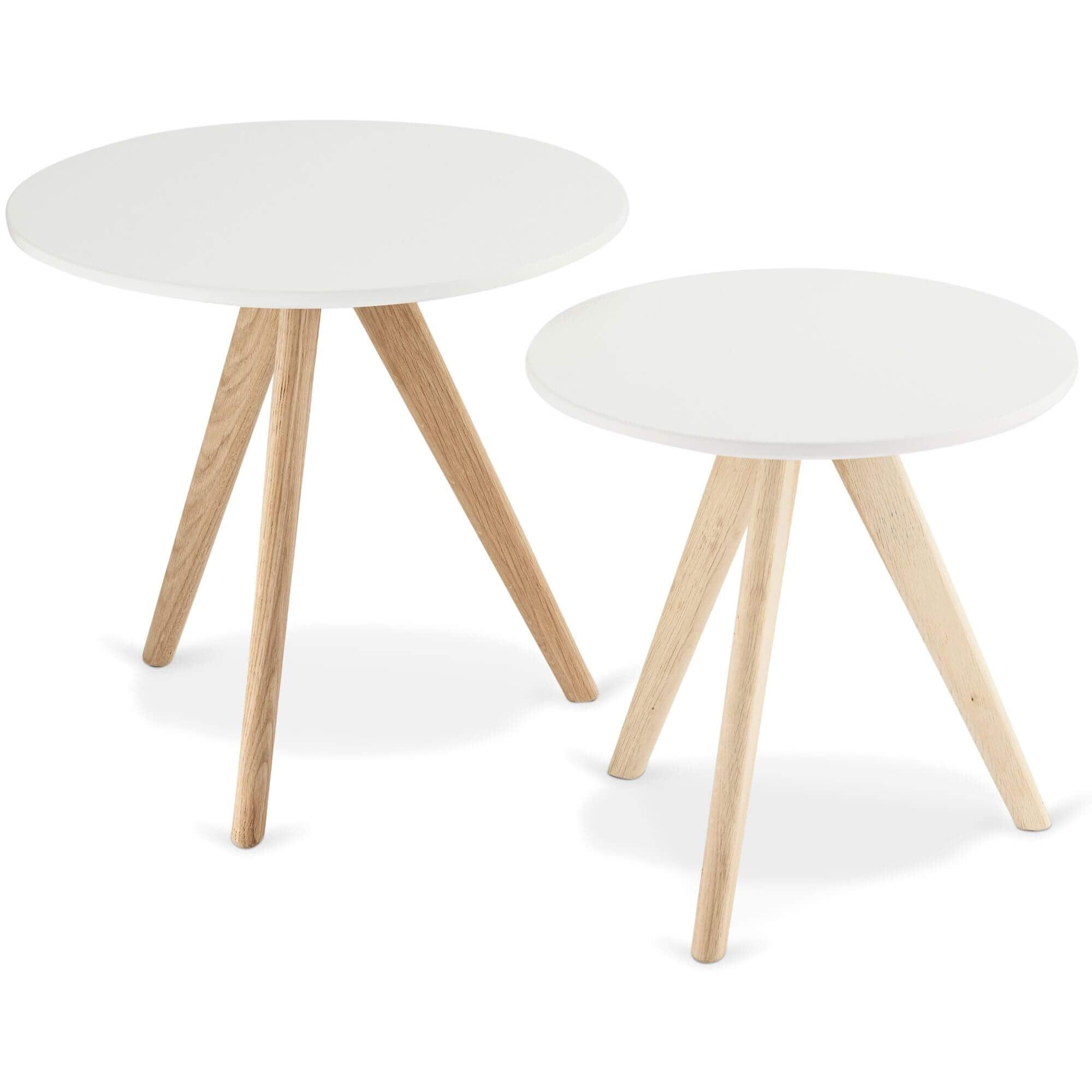 Round white and natural coffee table with lacquered oak legs, stylish and modern design.