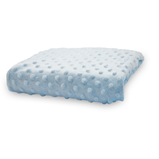 Light blue polka dot blanket.