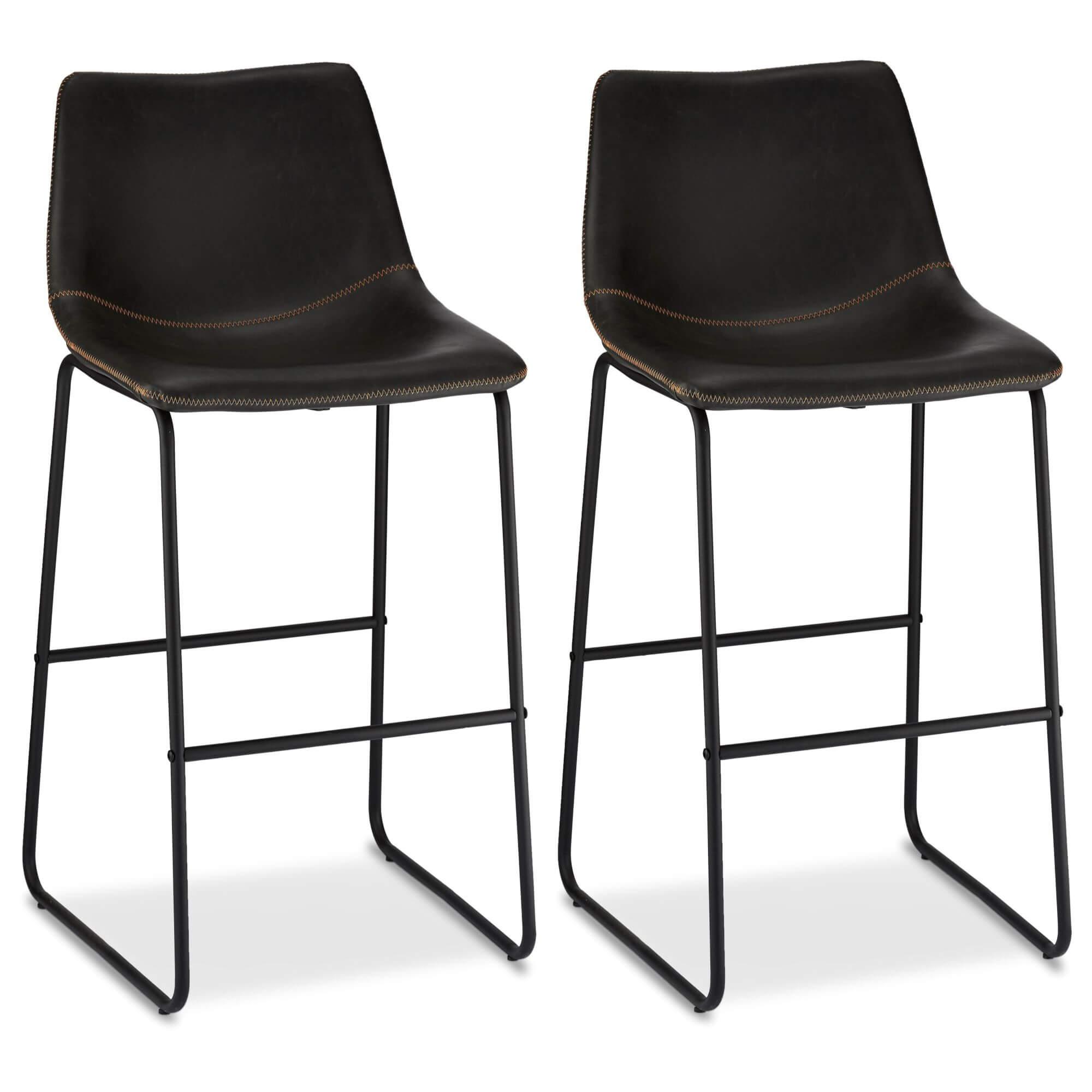 Set of 2 elegant black bar chairs with hand-made stitching and swivel seats, perfect for enhancing any bar area.