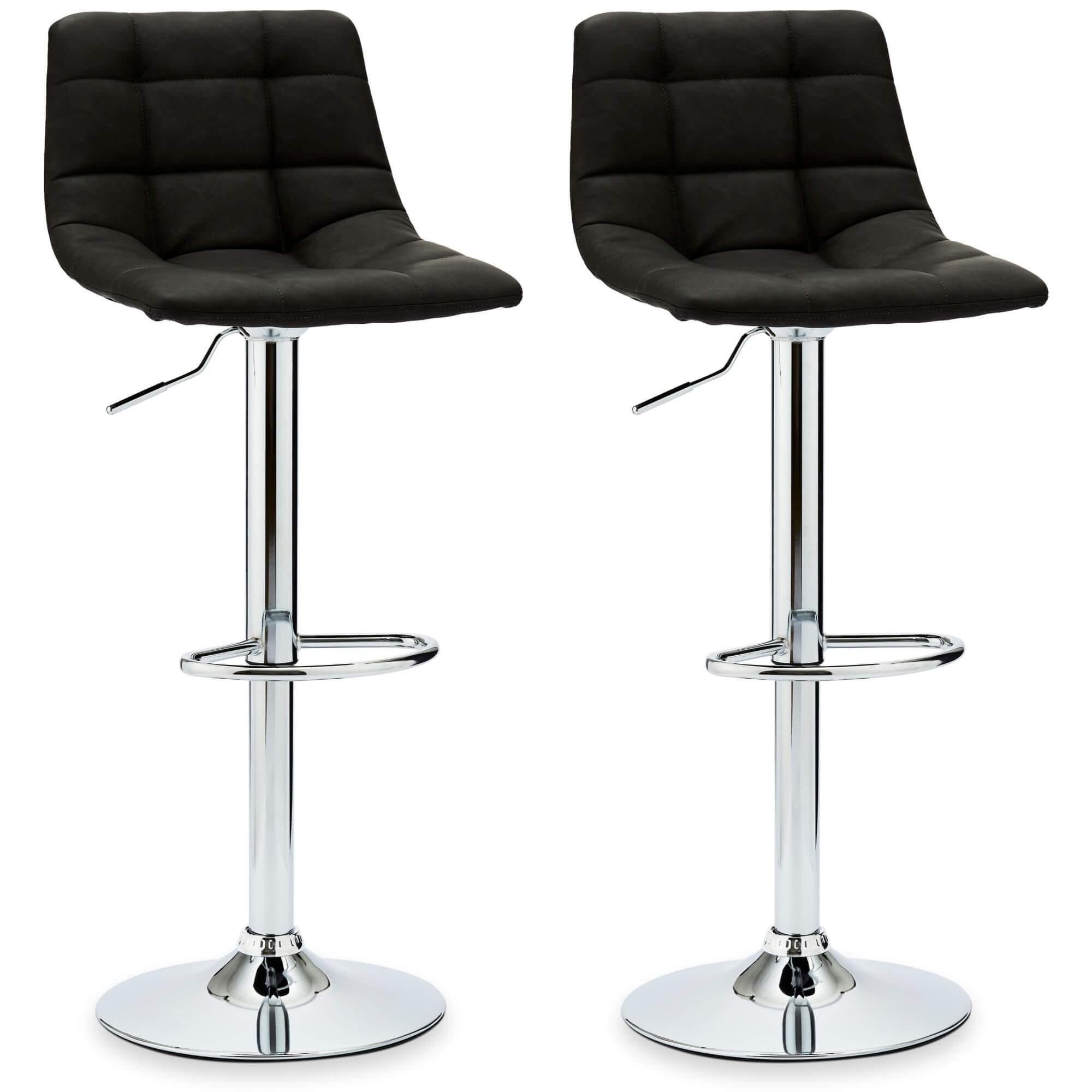 Set of 2 elegant black bar chairs with faux leather upholstery and adjustable height.