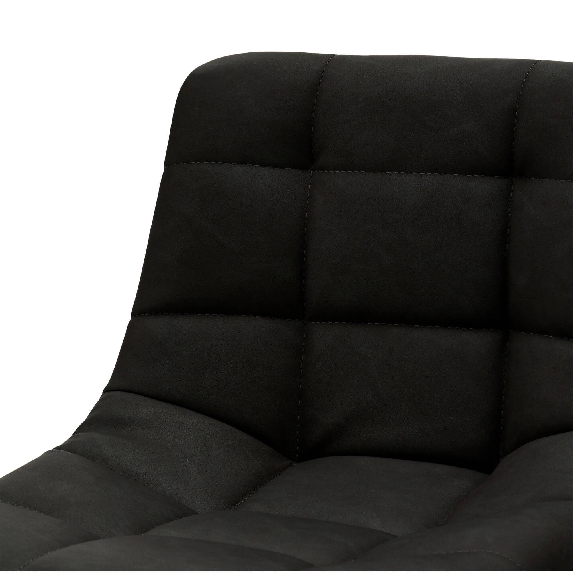 Set of 2 elegant black bar chairs with faux leather upholstery and adjustable height.