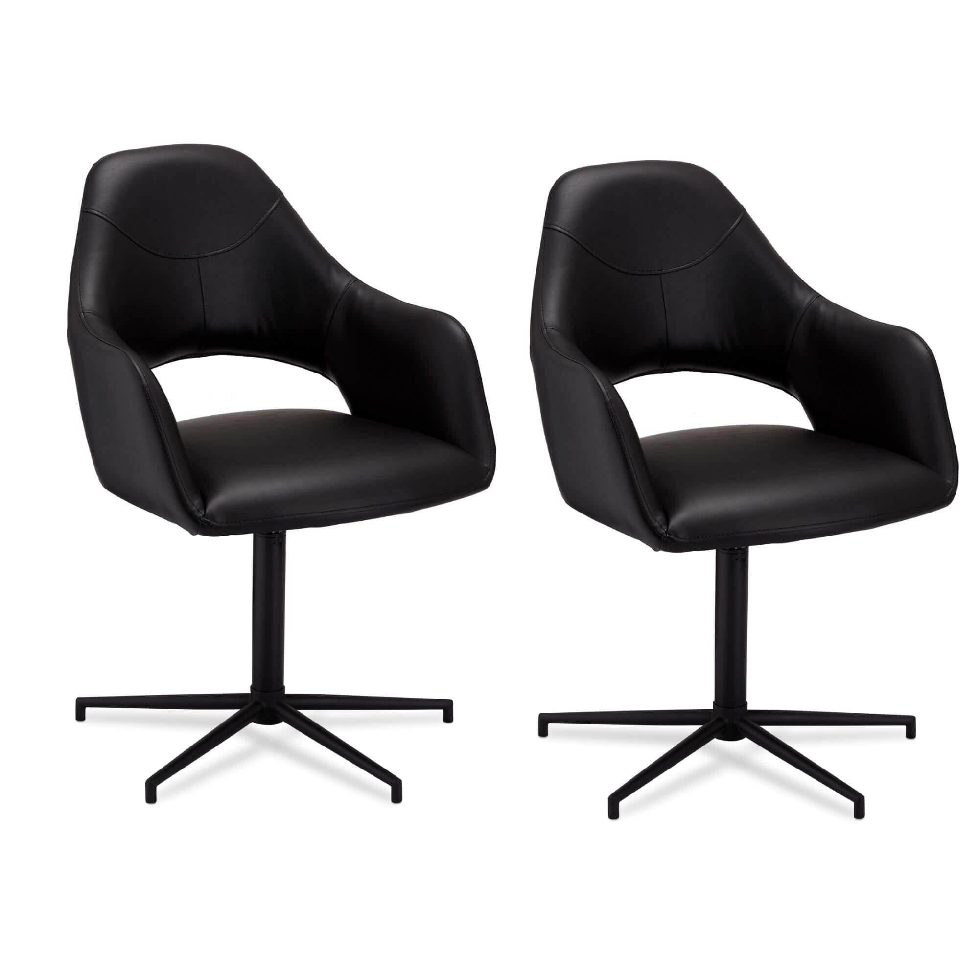 Set of 2 stylish black dining chairs with synthetic leather upholstery and swivel function, perfect for vintage or industrial decor.