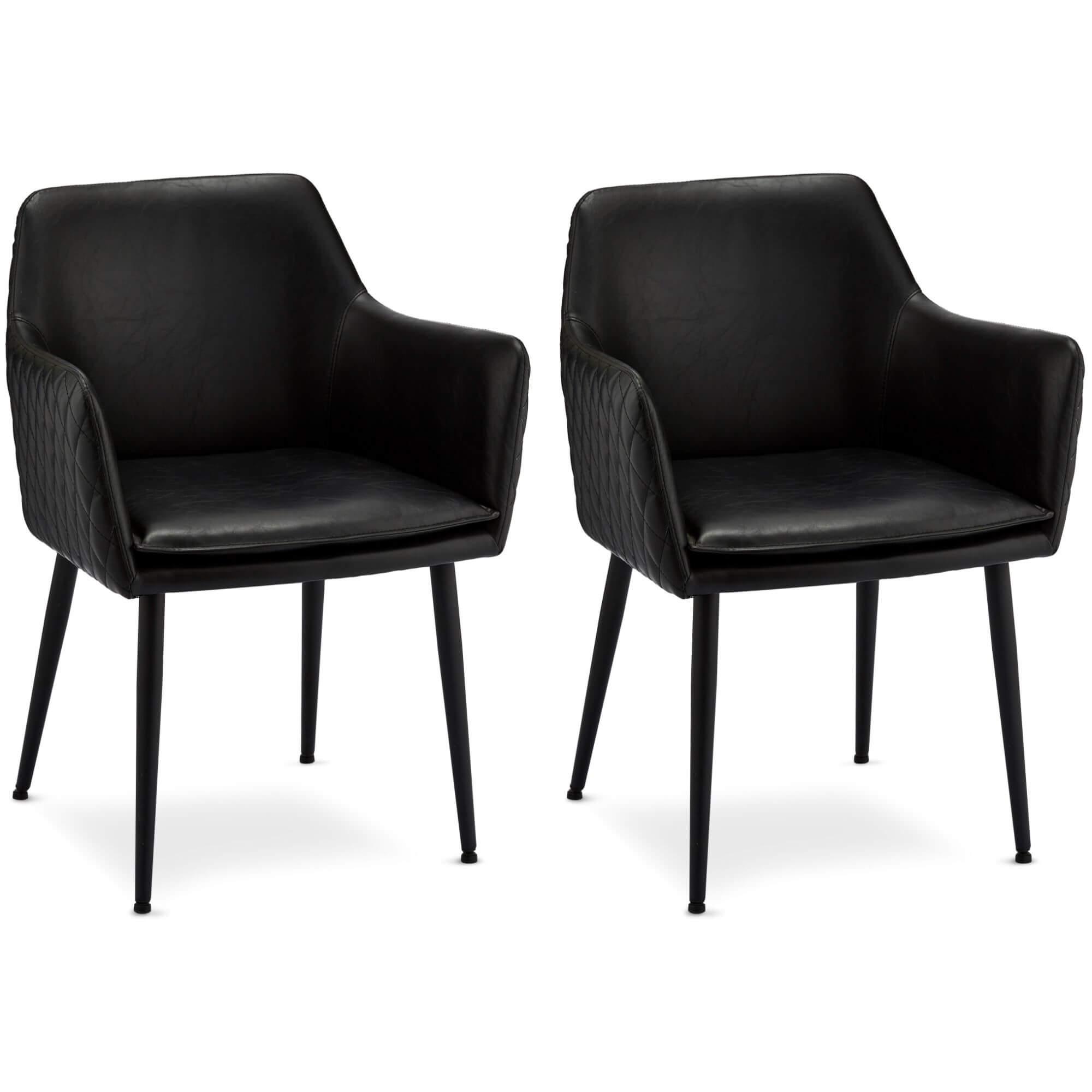 Set of 2 Black Dining Chairs Shiva featuring faux leather upholstery and sculpted armrests with decorative diamond stitching.