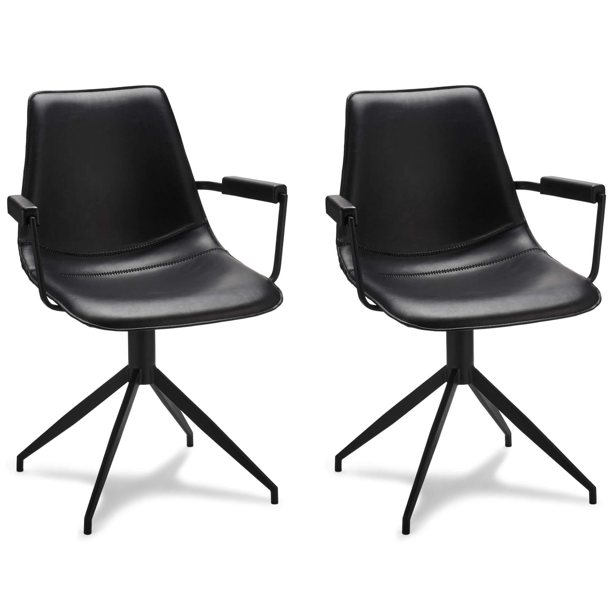 Set of 2 elegant black dining chairs with armrests, featuring soft faux leather upholstery and a modern design.