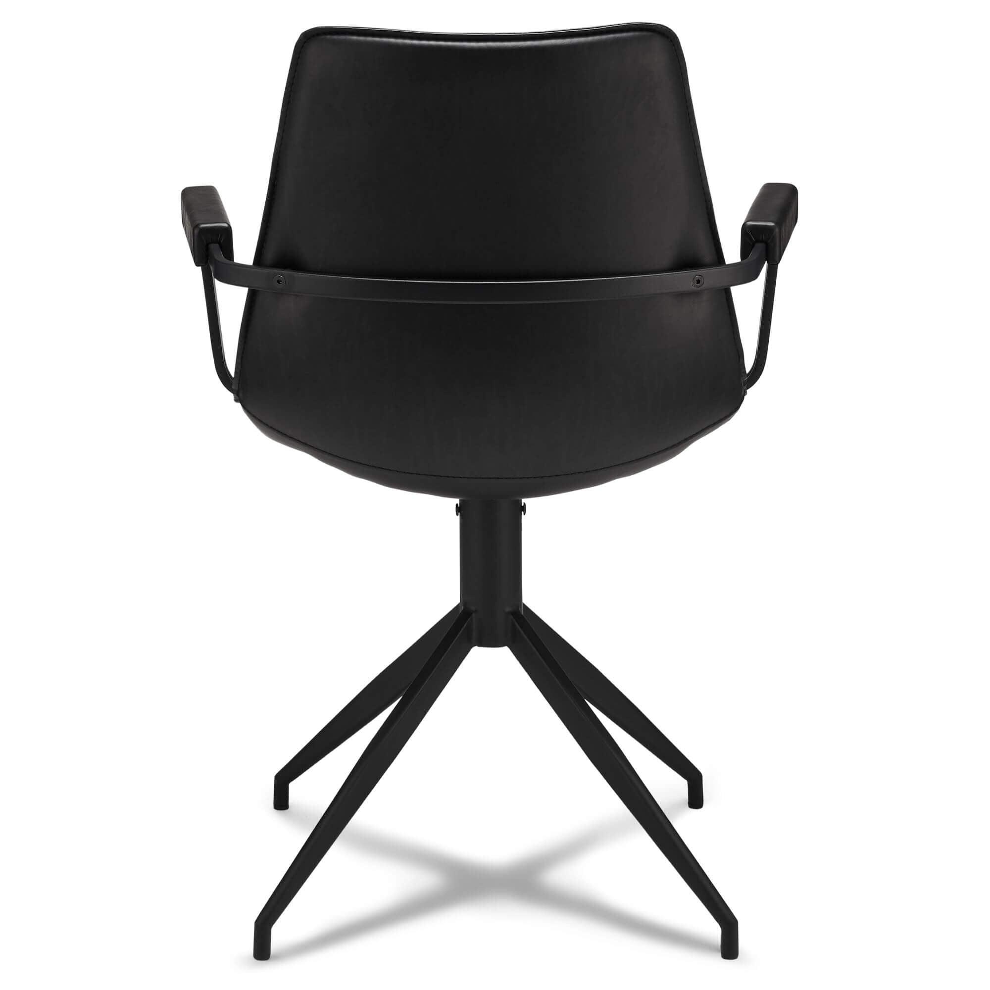 Set of 2 elegant black dining chairs with armrests, featuring soft faux leather upholstery and a modern design.