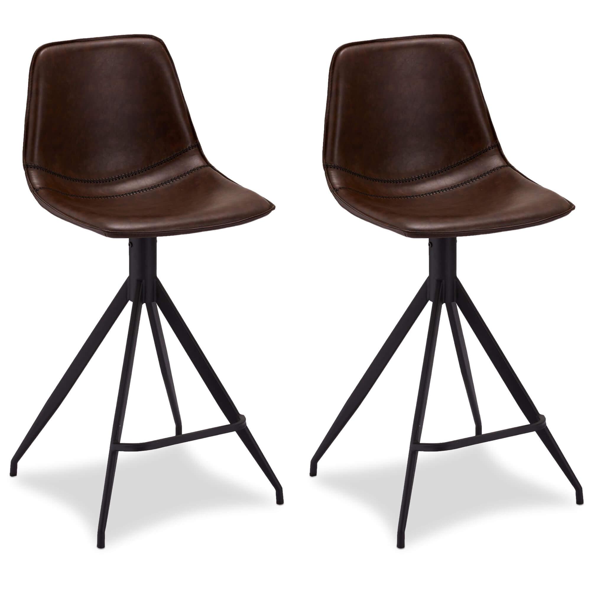 Set of 2 elegant dark brown bar chairs with black powder-coated steel base and PU leather upholstery, perfect for bar or dining areas.