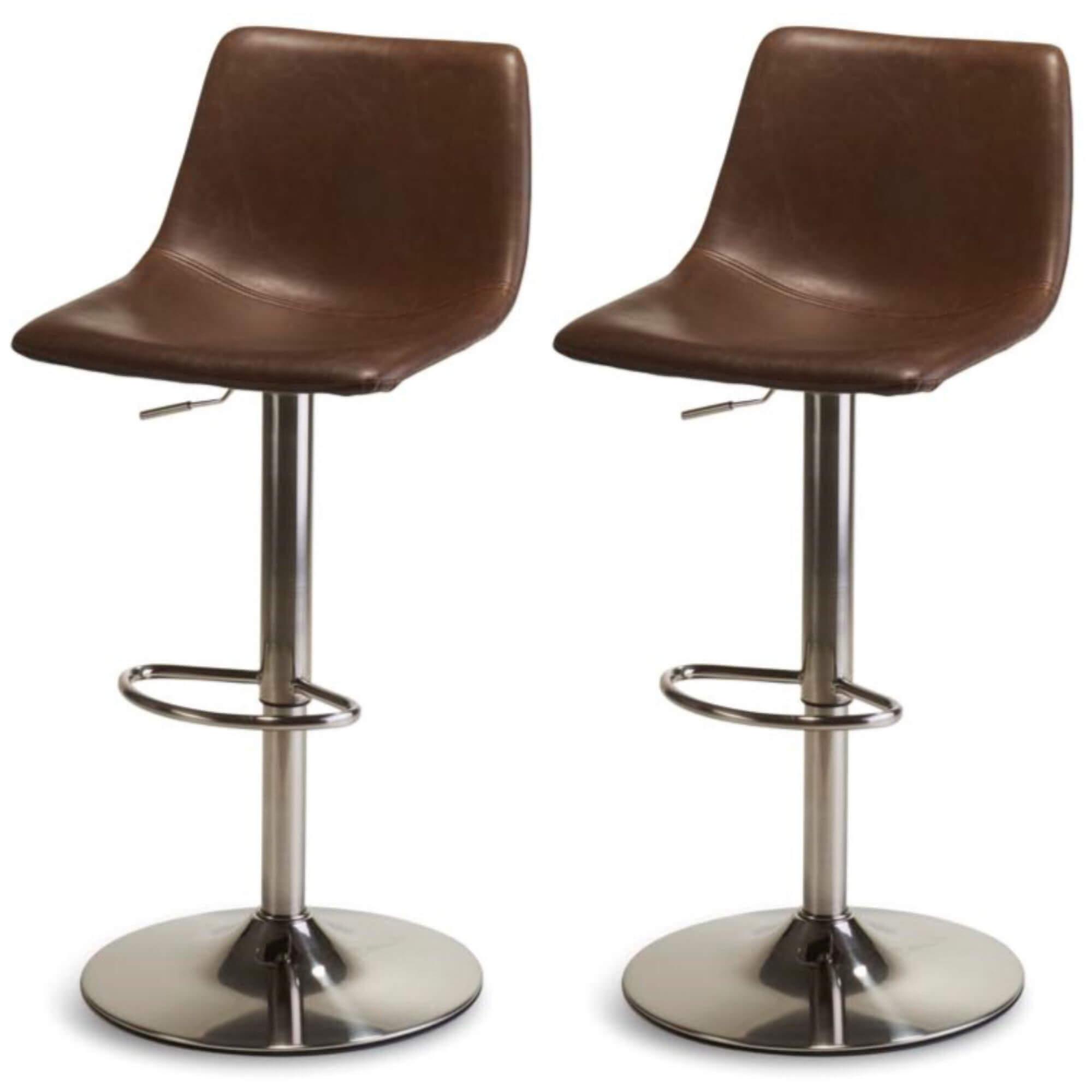 Set of 2 dark brown bar chairs with elegant design and comfortable padding, featuring refined decorative stitching.