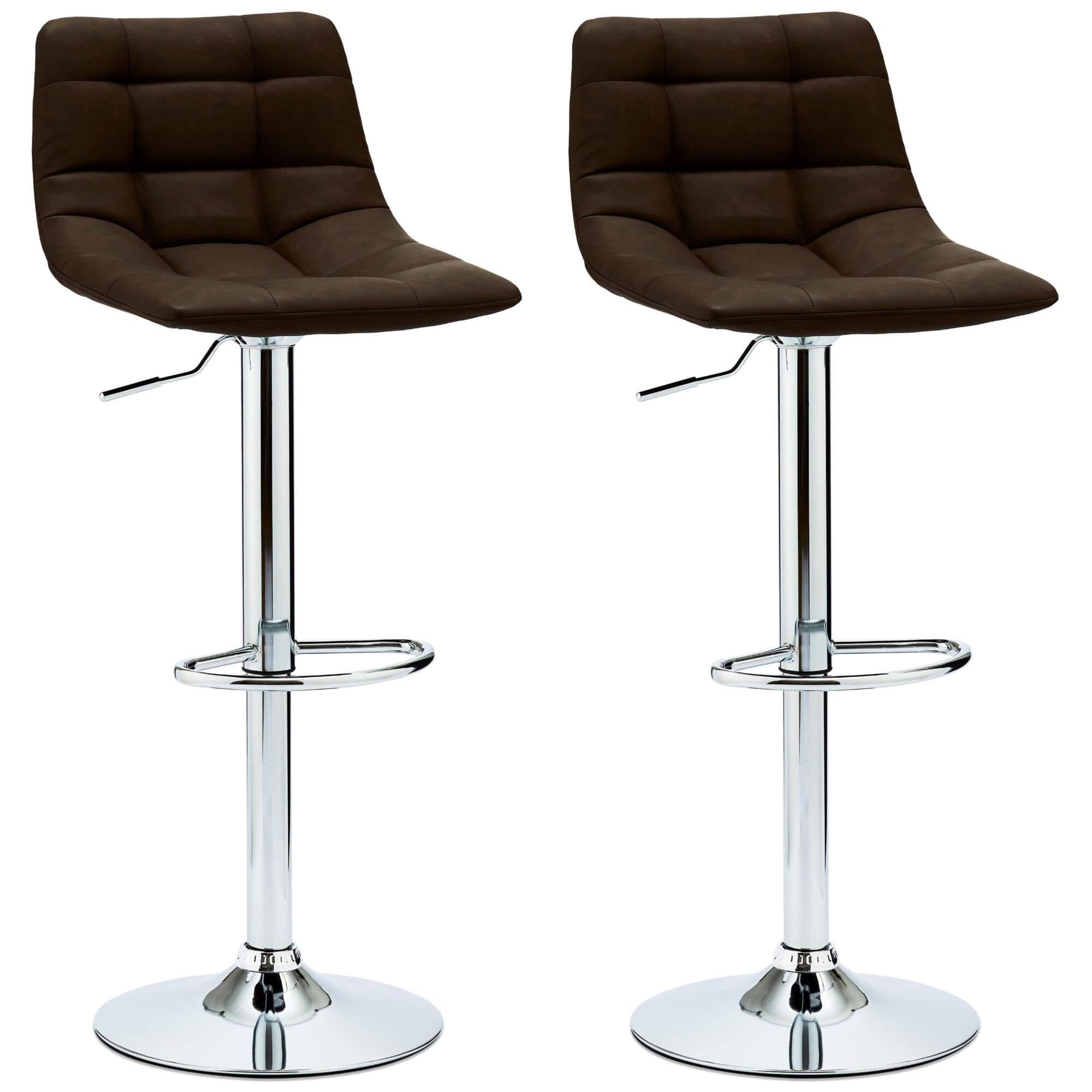 Set of 2 elegant dark brown bar chairs with faux leather upholstery and adjustable height.