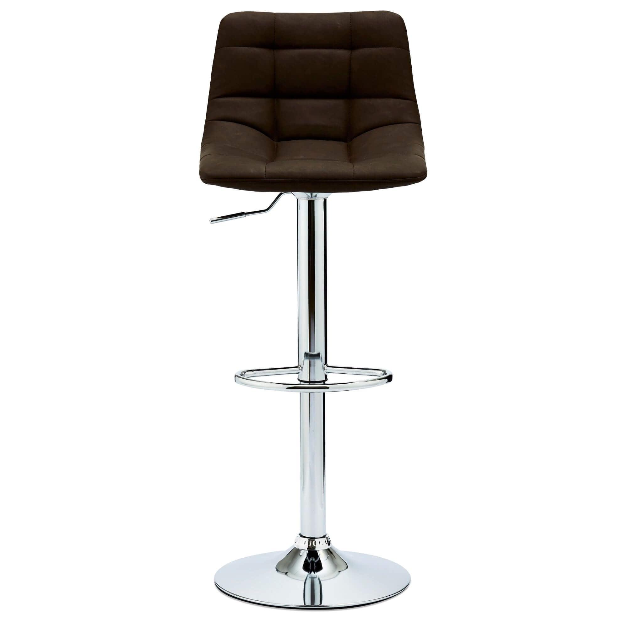 Set of 2 elegant dark brown bar chairs with faux leather upholstery and adjustable height.