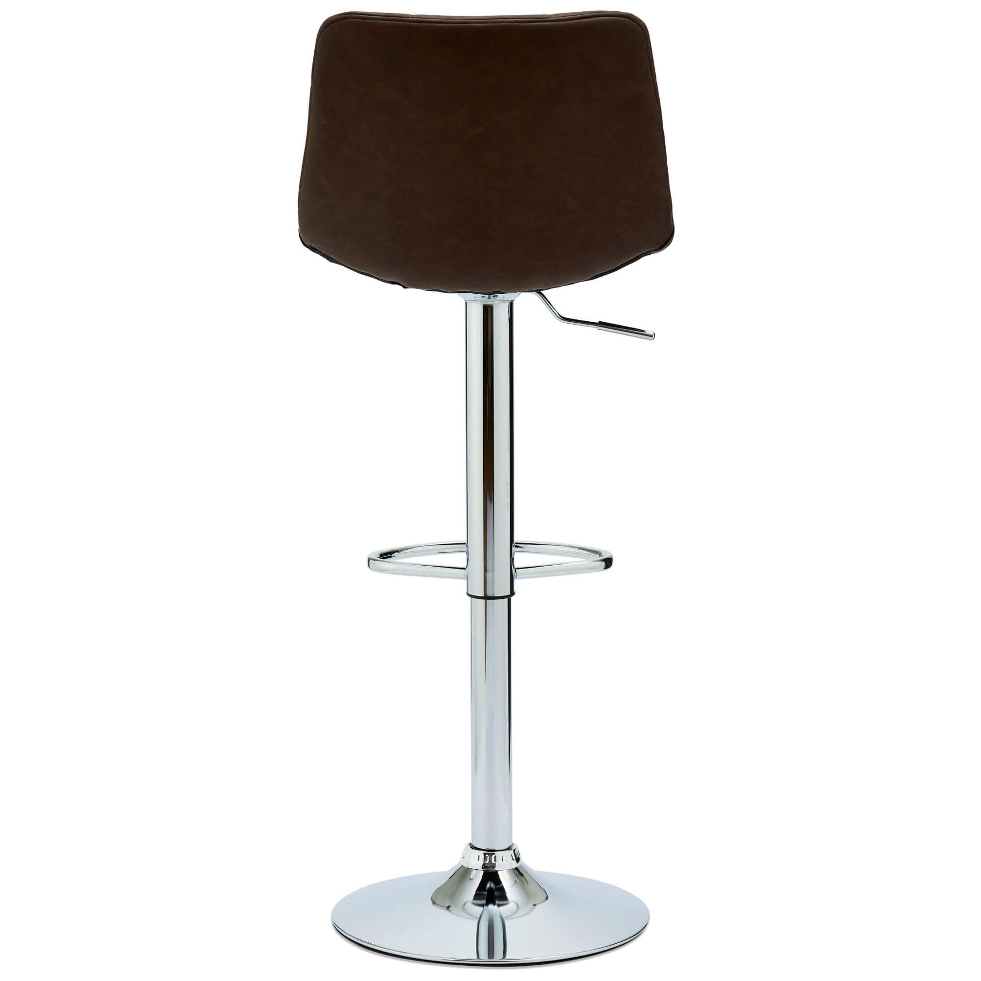 Set of 2 elegant dark brown bar chairs with faux leather upholstery and adjustable height.