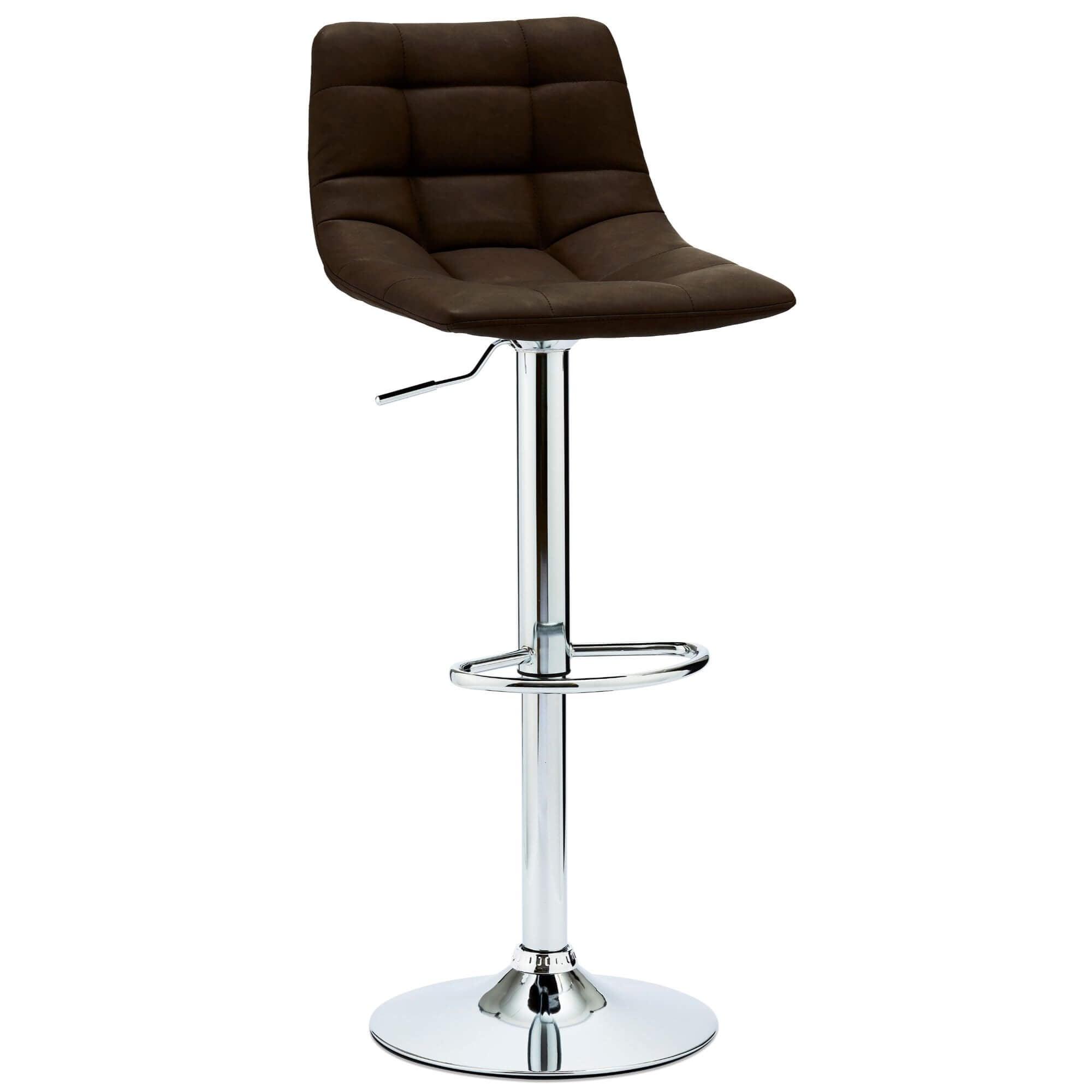 Set of 2 elegant dark brown bar chairs with faux leather upholstery and adjustable height.