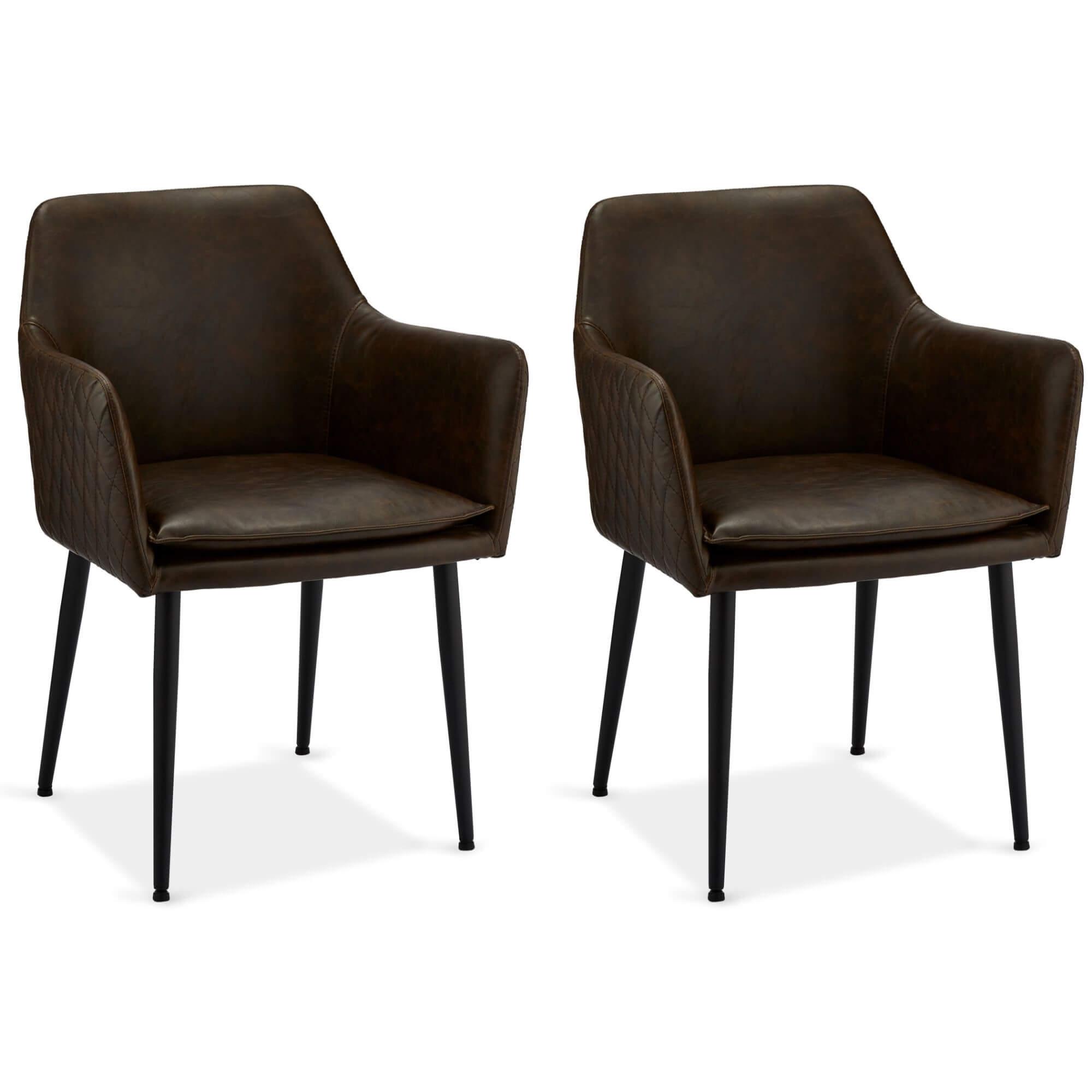 Set of 2 Dark Brown Dining Chairs Shiva with sculpted armrests and decorative diamond stitching, showcasing a luxurious faux leather finish.