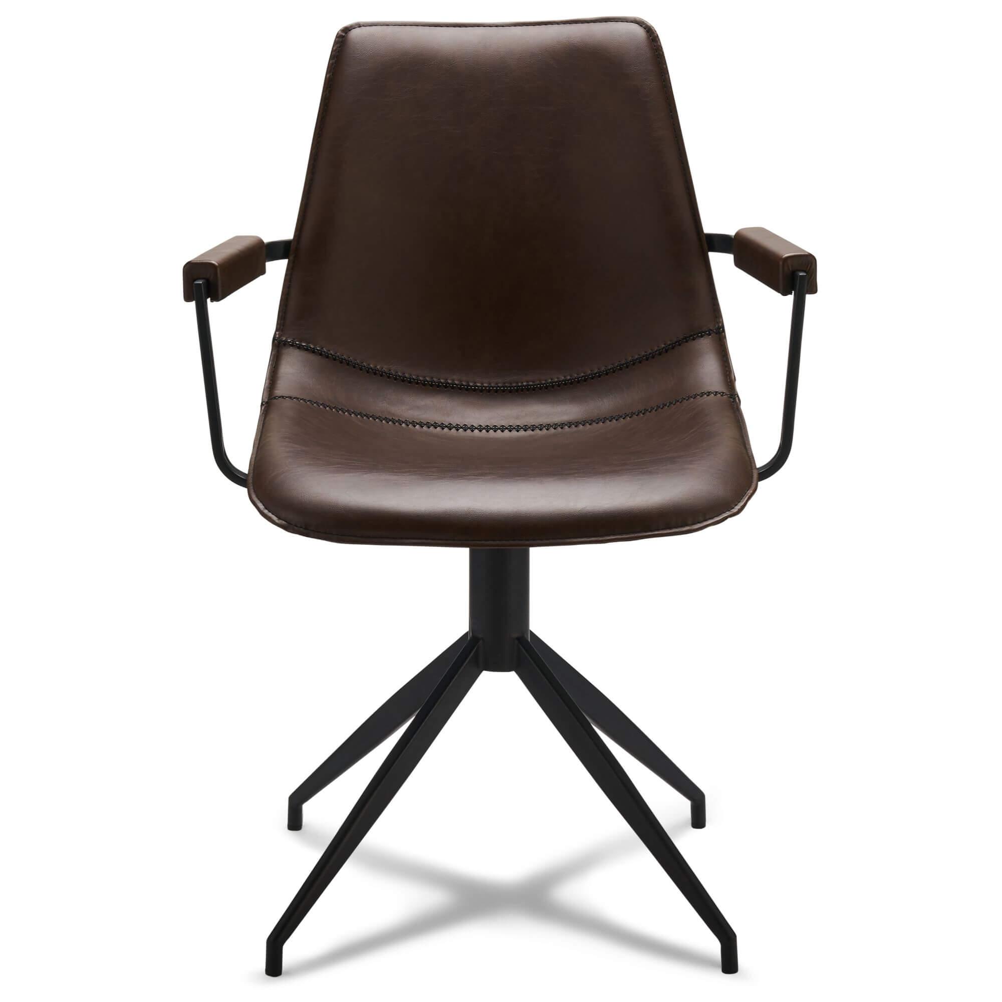 Set of 2 dark brown dining chairs with armrests, featuring soft faux leather upholstery and a modern design.