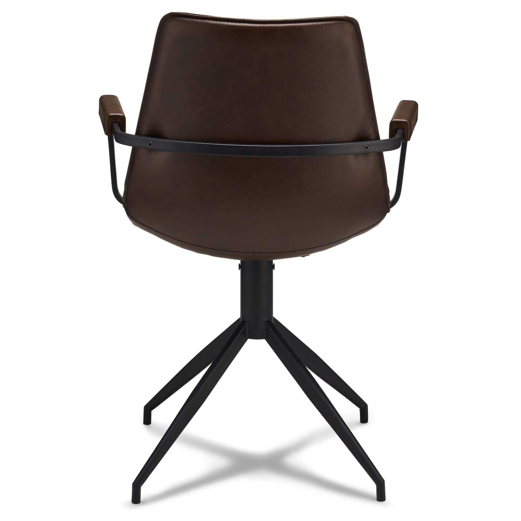 Set of 2 dark brown dining chairs with armrests, featuring soft faux leather upholstery and a modern design.