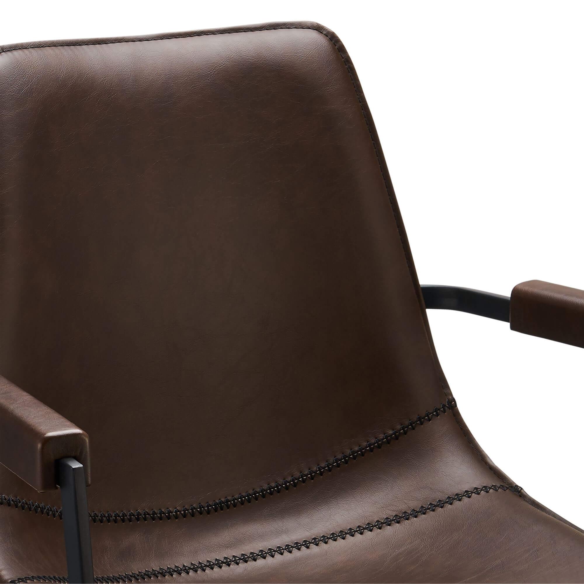 Set of 2 dark brown dining chairs with armrests, featuring soft faux leather upholstery and a modern design.