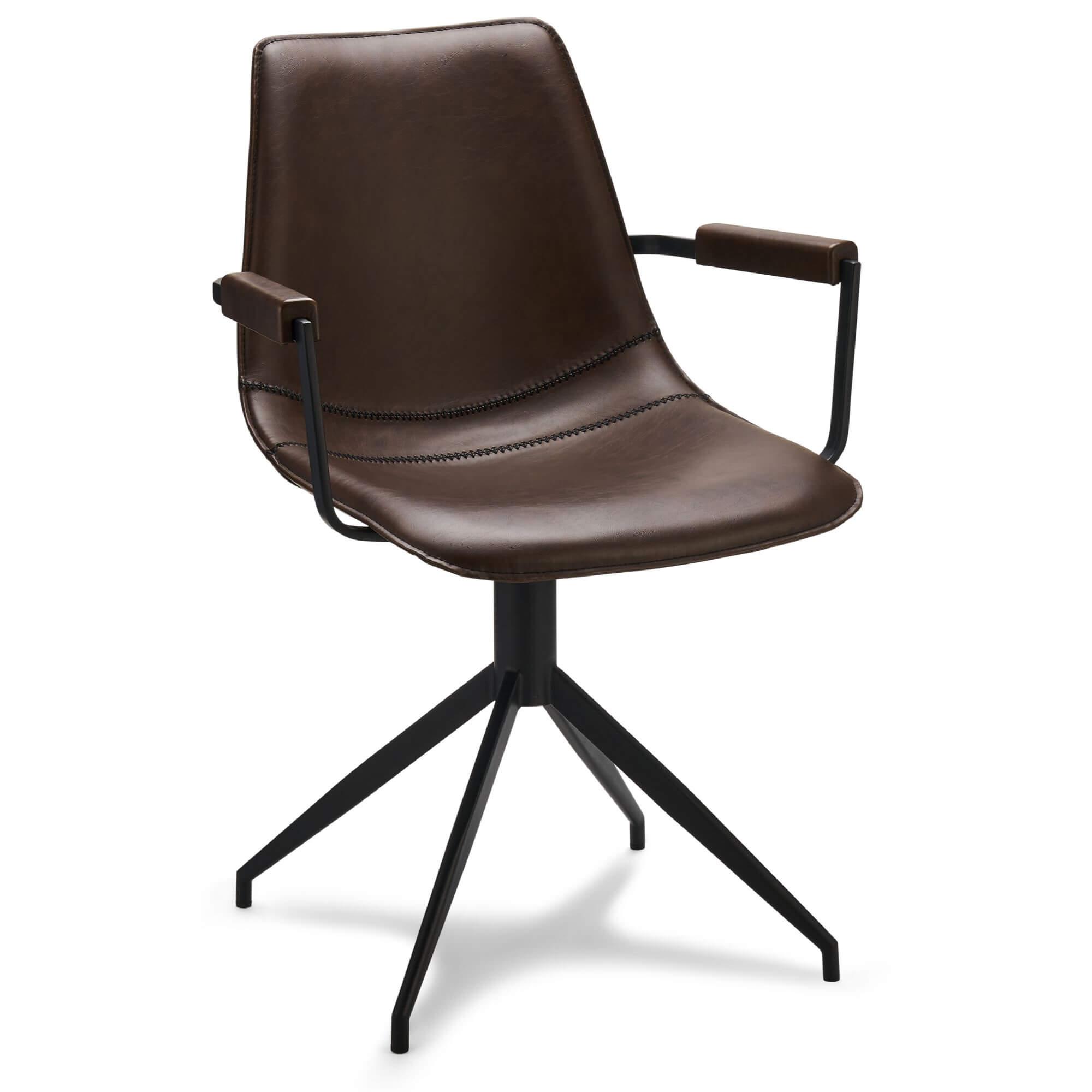 Set of 2 dark brown dining chairs with armrests, featuring soft faux leather upholstery and a modern design.