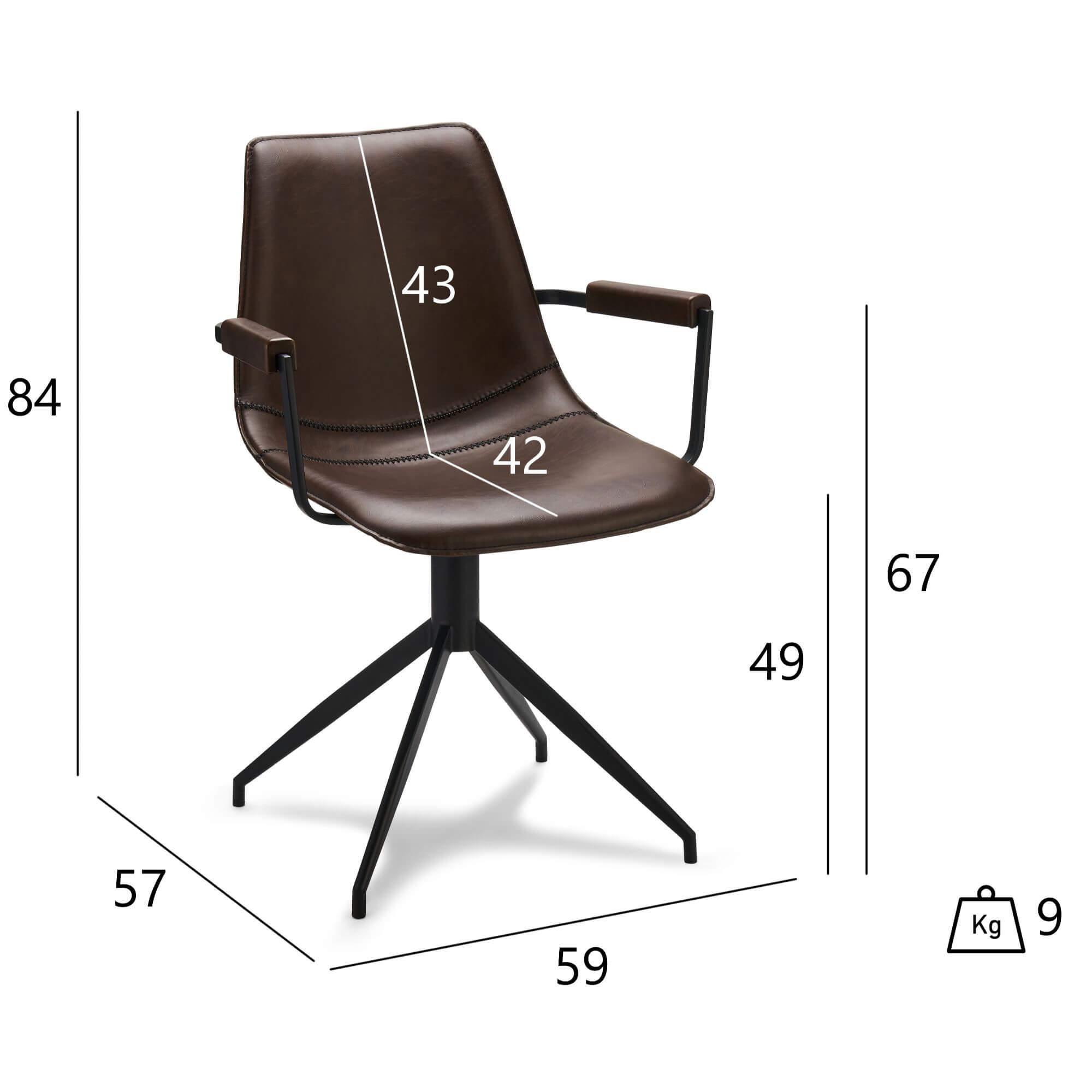 Set of 2 dark brown dining chairs with armrests, featuring soft faux leather upholstery and a modern design.