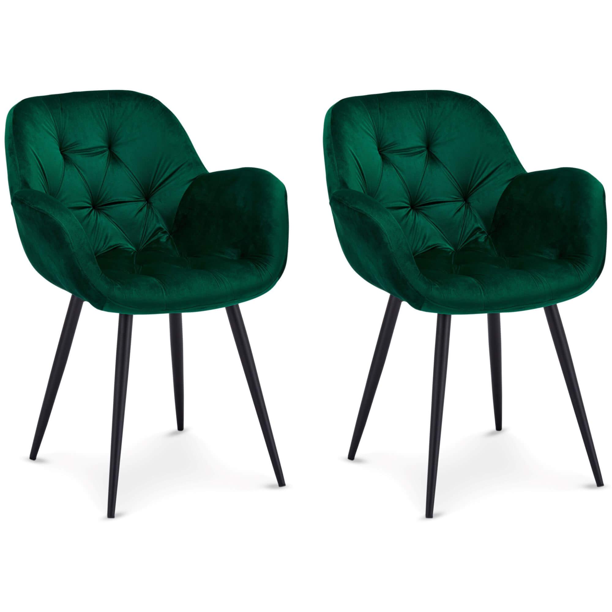 Set of 2 elegant green dining chairs with velvety fabric and soft padding, perfect for enhancing dining spaces.