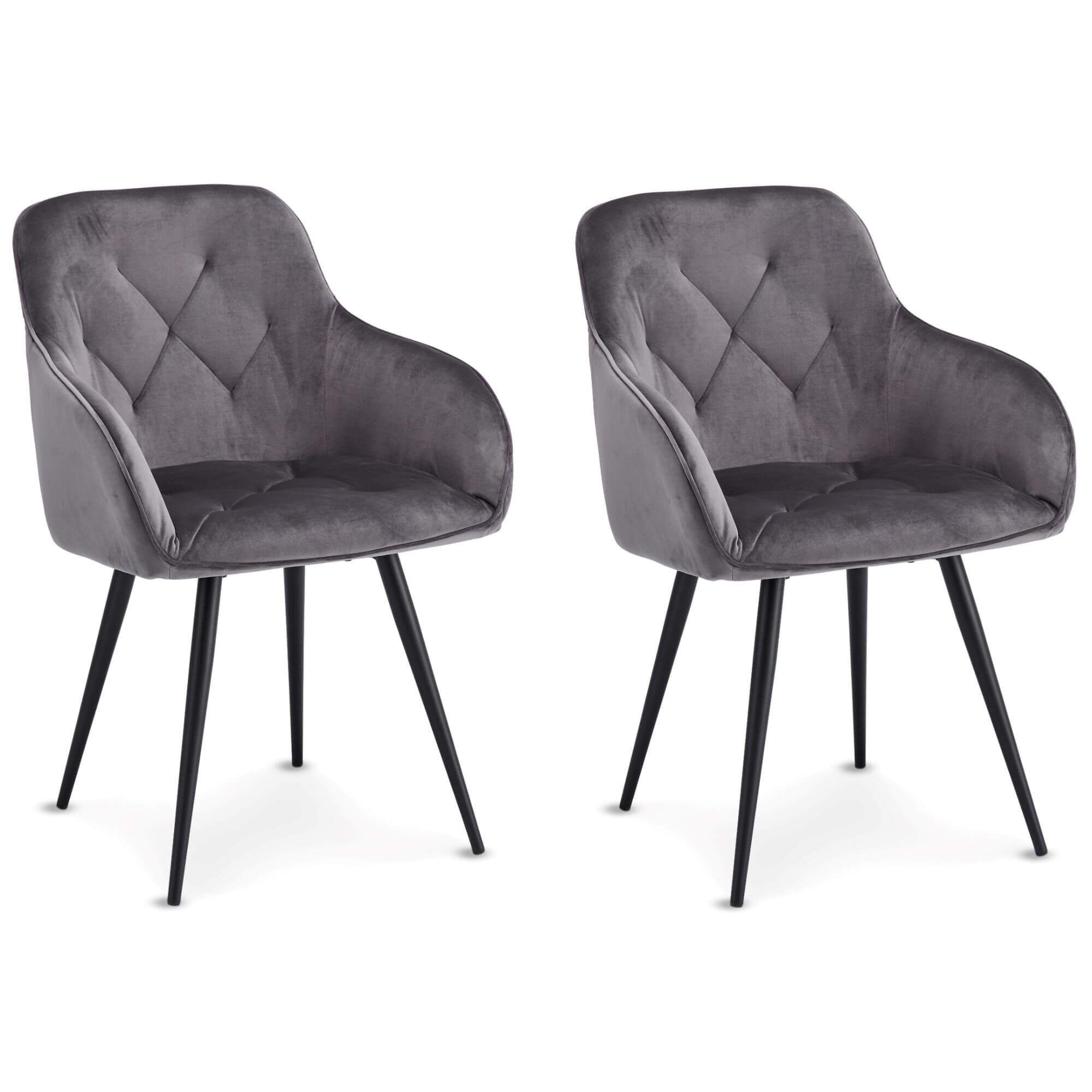 Set of 2 elegant grey dining chairs with velvety fabric and soft padding, perfect for enhancing any dining space.