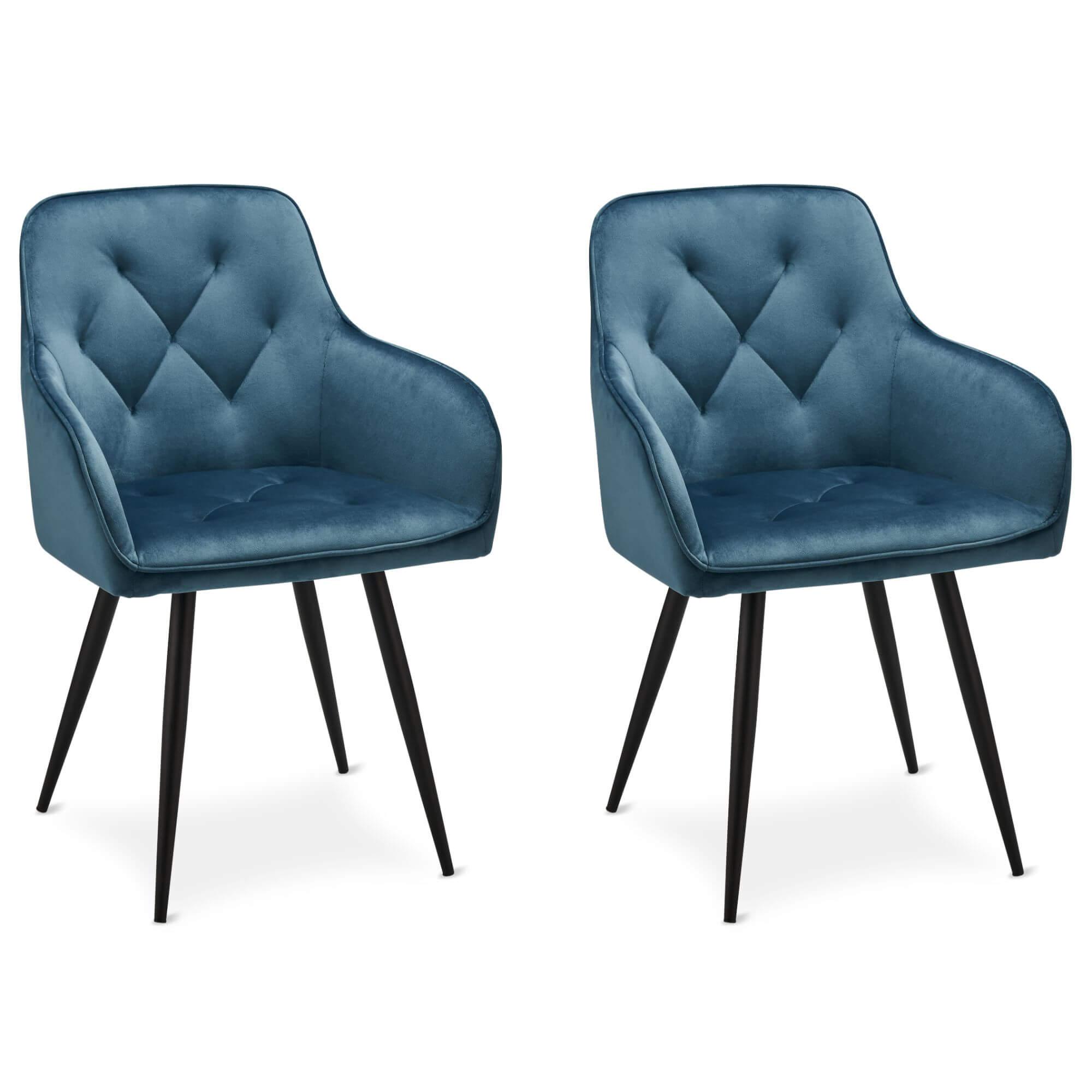 Set of 2 light blue dining chairs with velvety fabric and soft padding, perfect for stylish interiors.