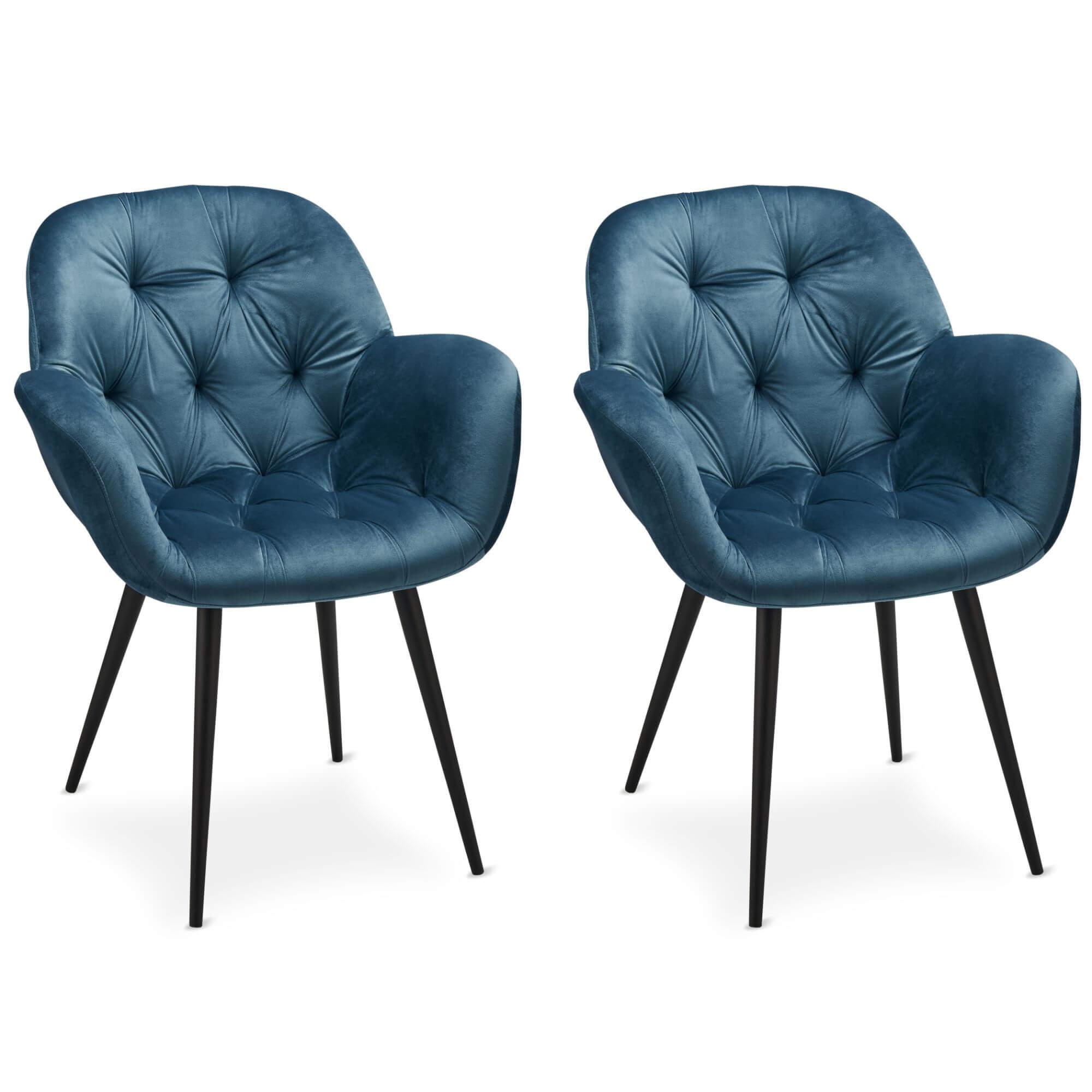 Set of 2 light blue dining chairs with velvety fabric and soft padding, perfect for stylish dining rooms.