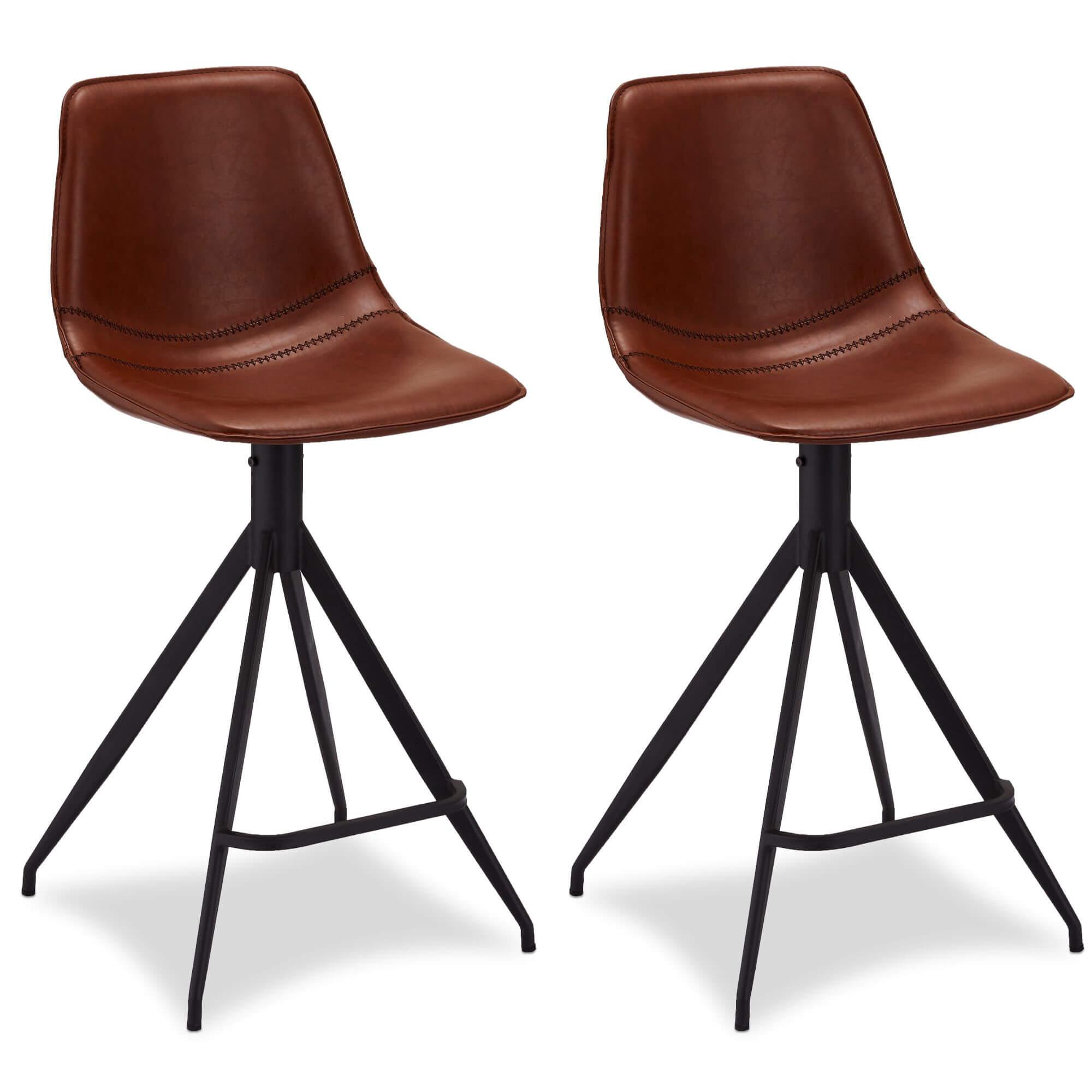 Set of 2 elegant light brown bar chairs with black powder-coated steel base and PU leather seating, perfect for bar or dining areas.