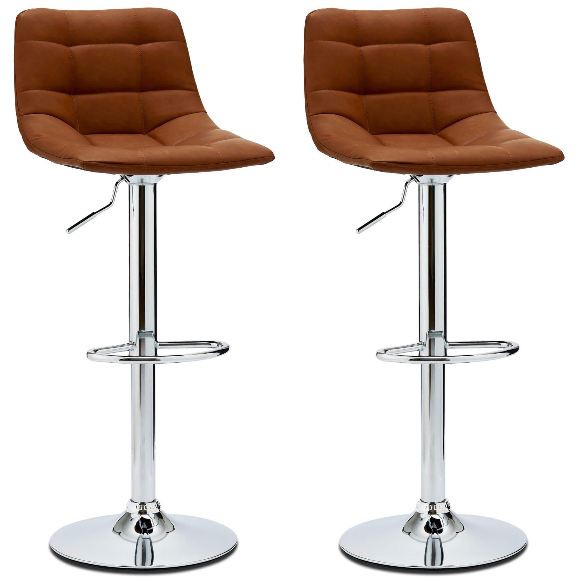 Set of 2 light brown Mario bar chairs with faux leather upholstery and adjustable height.