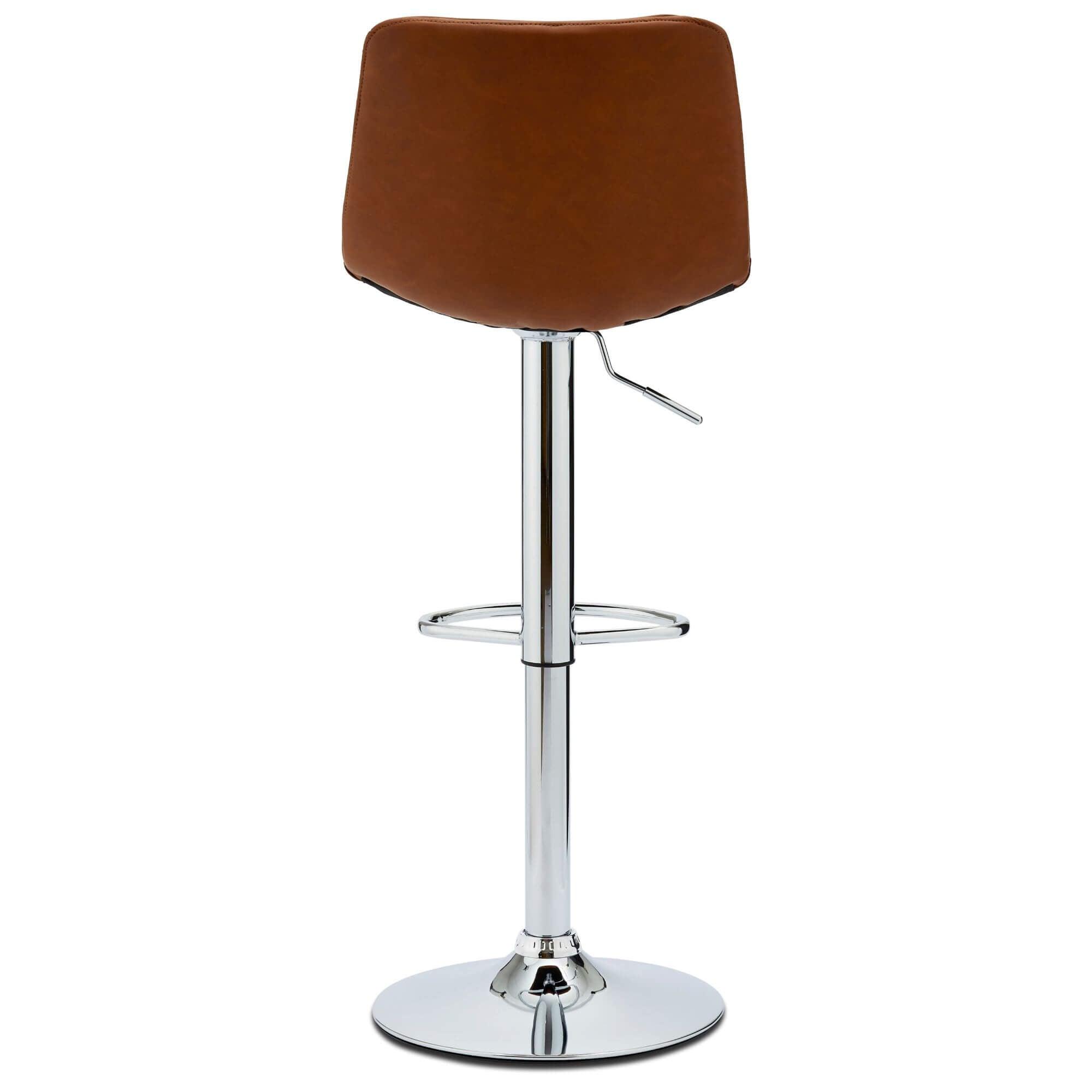 Set of 2 light brown Mario bar chairs with faux leather upholstery and adjustable height.