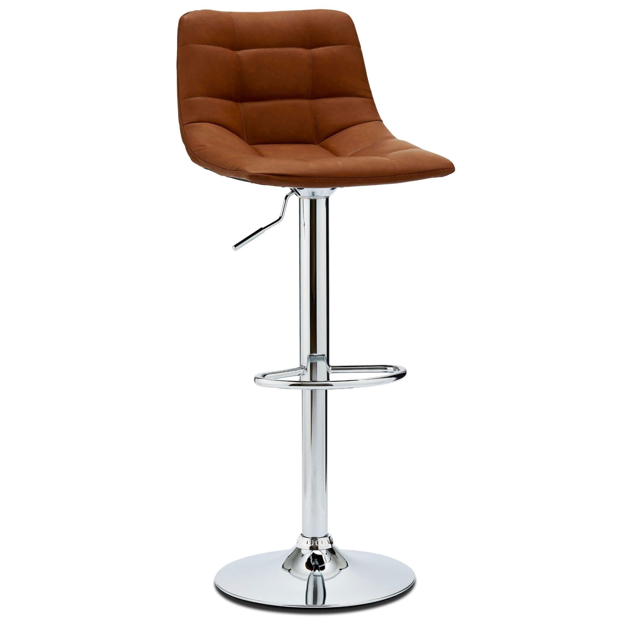 Set of 2 light brown Mario bar chairs with faux leather upholstery and adjustable height.