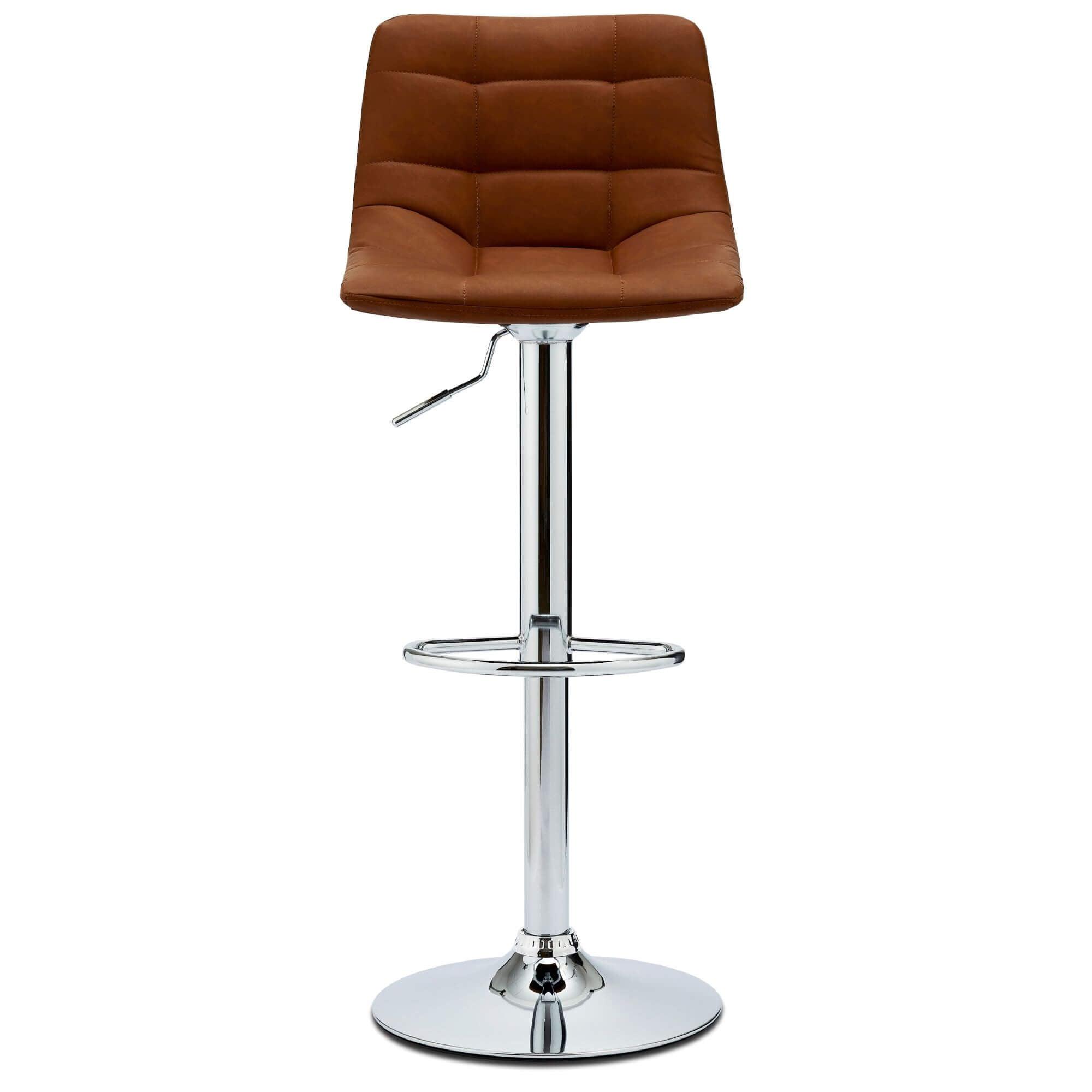 Set of 2 light brown Mario bar chairs with faux leather upholstery and adjustable height.