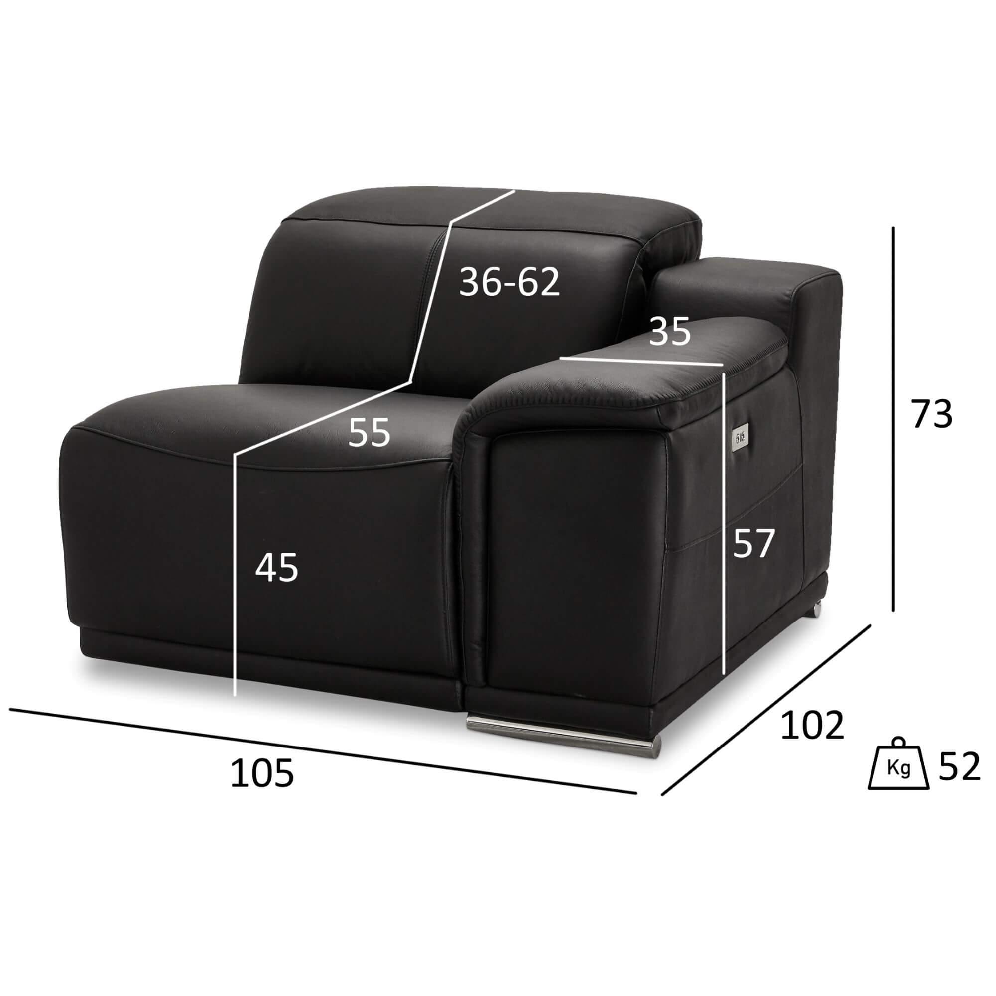 Alexa Black Right Sofa Module with Armrest, featuring luxurious leather upholstery and a reclining function.