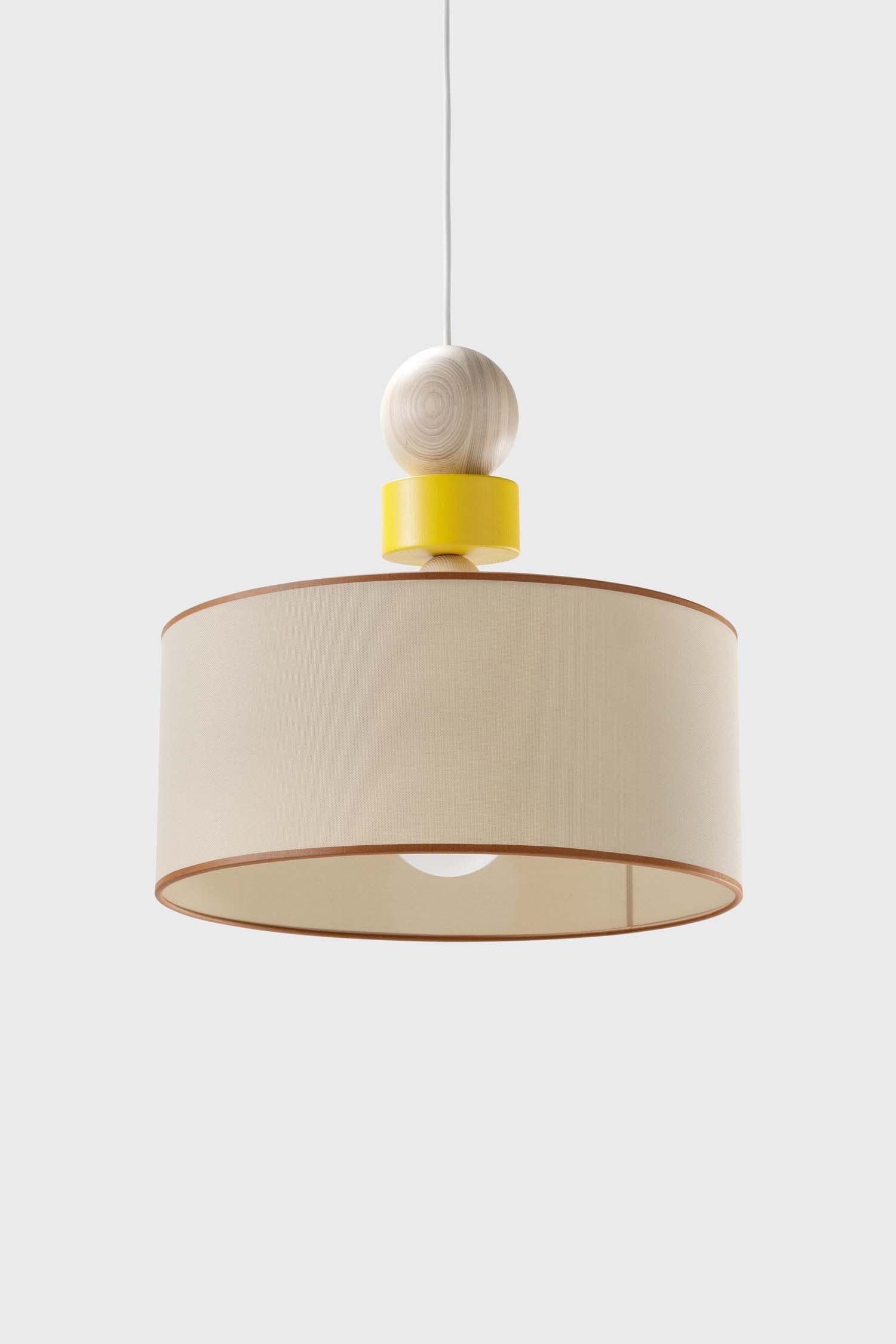 Spiedino Pendant Lamp featuring elegant design with solid ash and fabric elements, showcasing its Italian craftsmanship and sustainable materials.