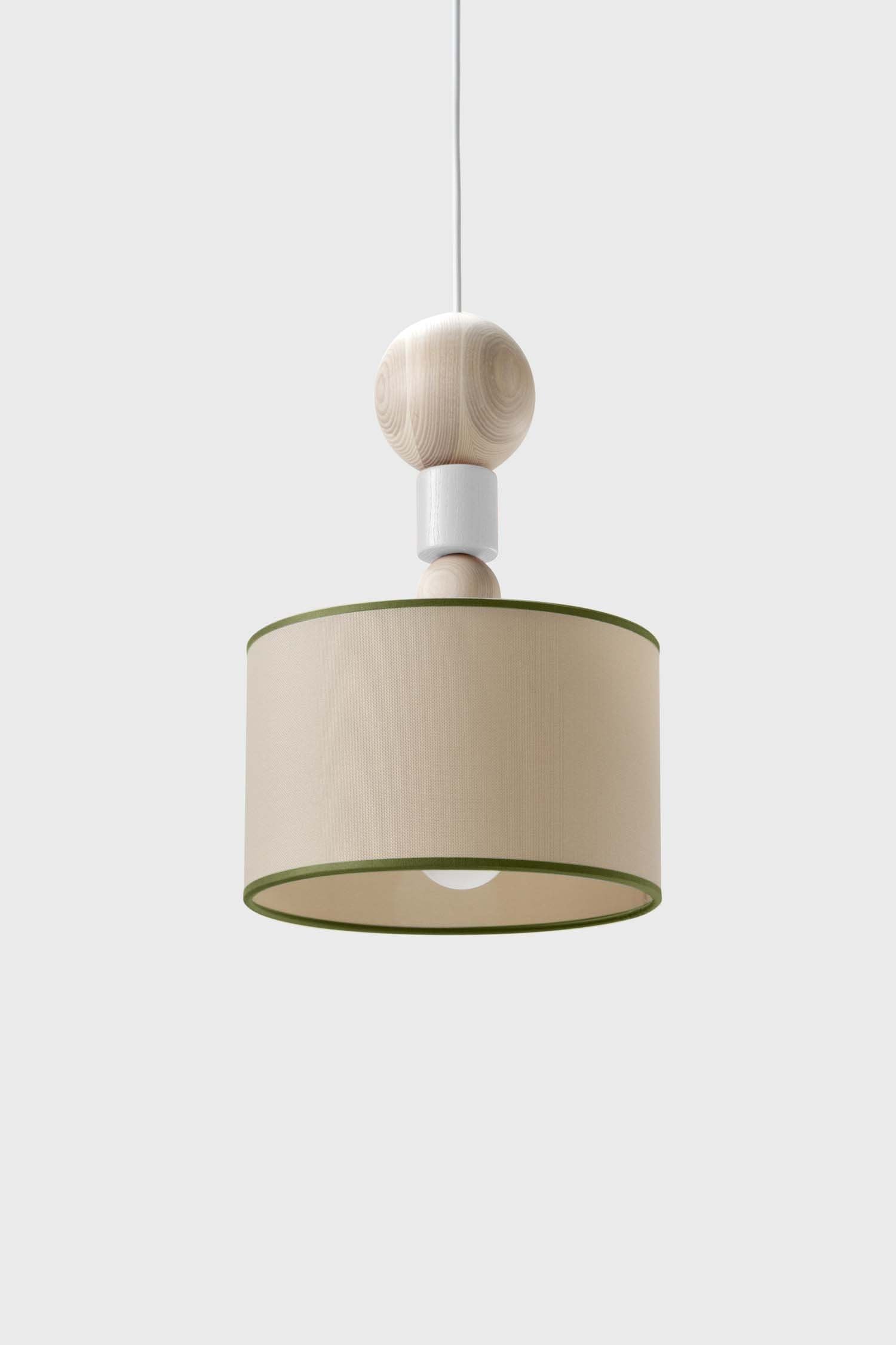 Spiedino Pendant Lamp featuring elegant design with solid ash and fabric elements, showcasing its Italian craftsmanship and sustainable materials.