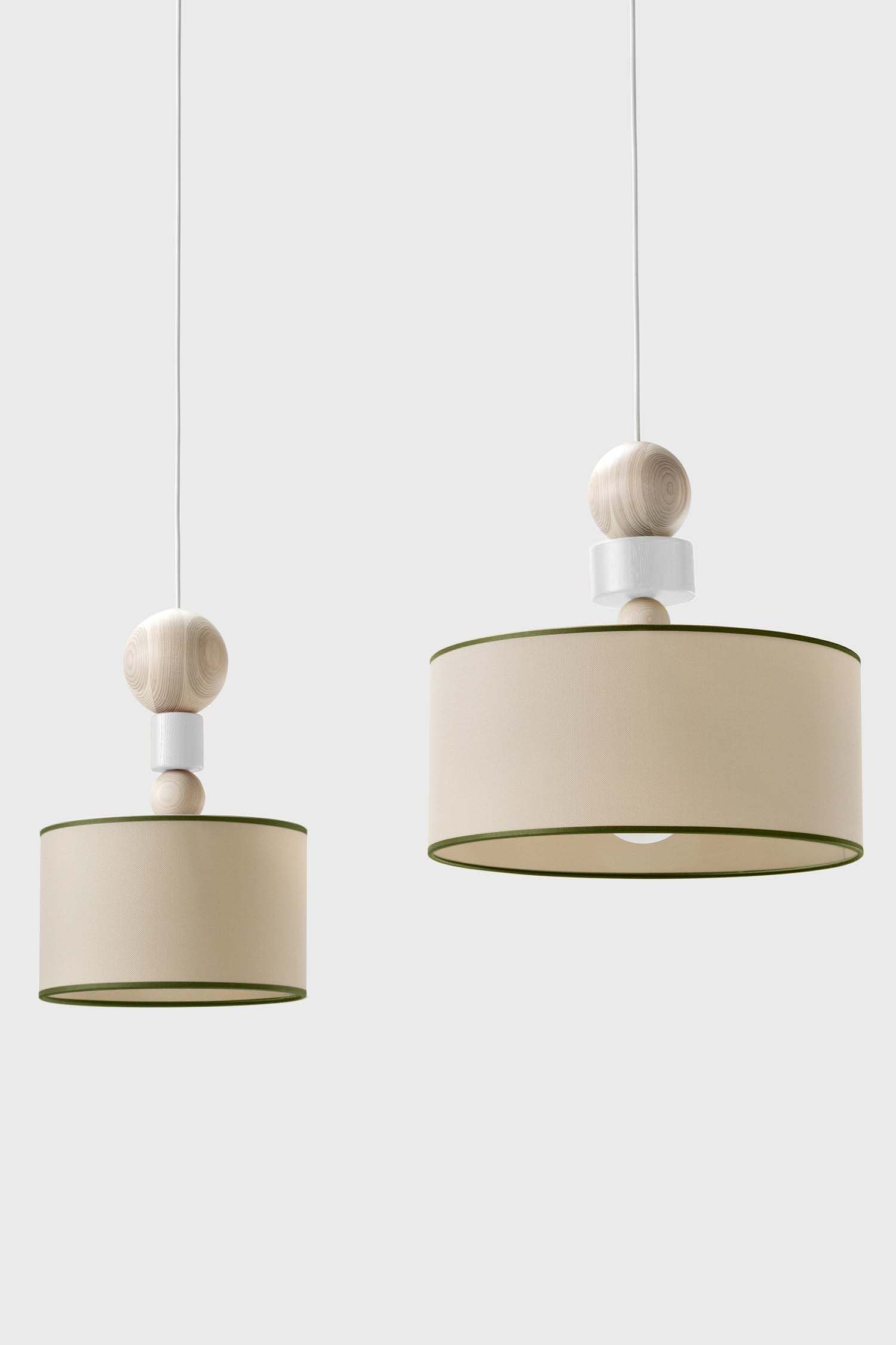 Spiedino Pendant Lamp featuring elegant design with solid ash and fabric elements, showcasing its Italian craftsmanship and sustainable materials.