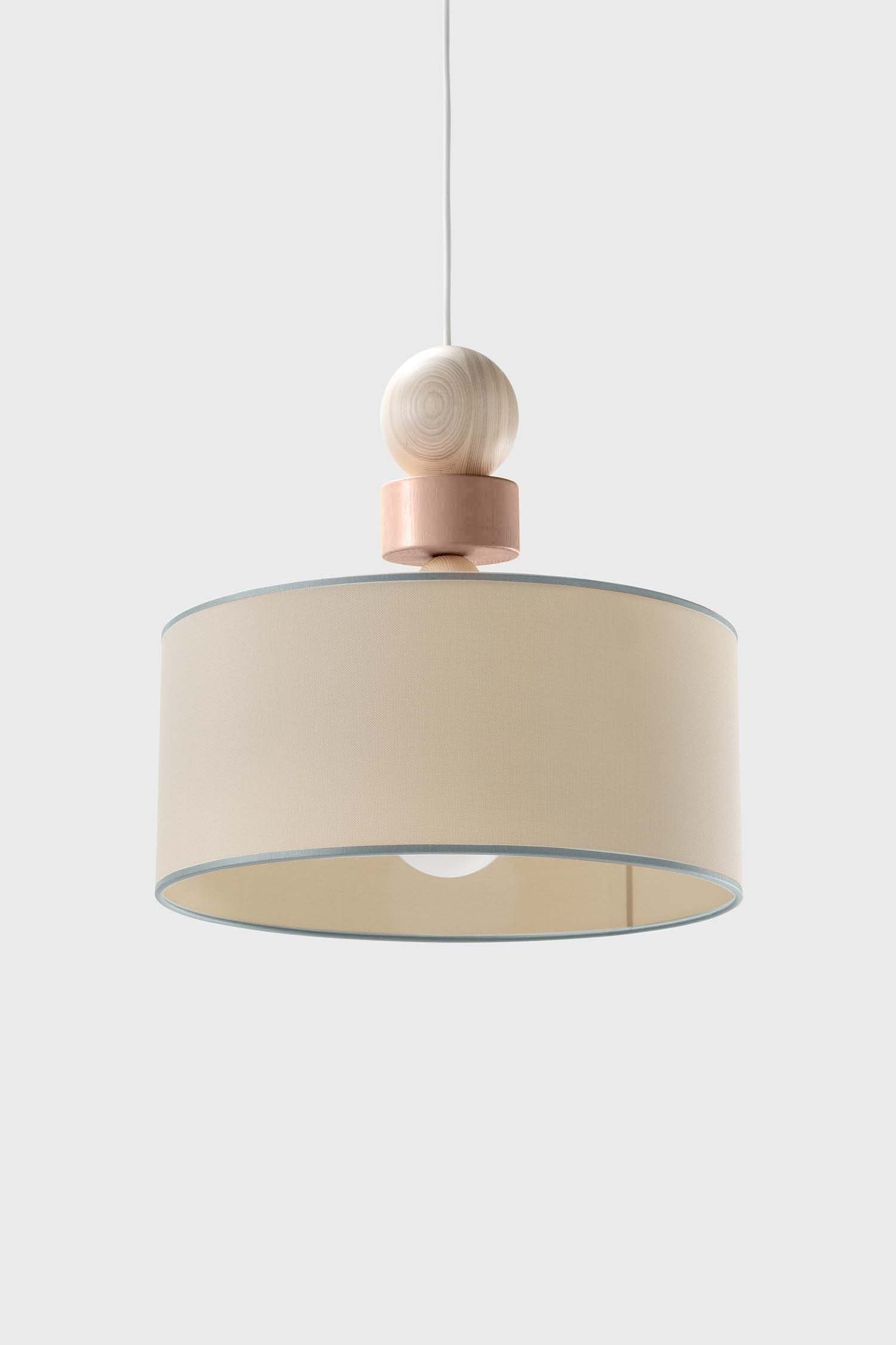 Spiedino Pendant Lamp featuring elegant design with solid ash and fabric elements, showcasing its Italian craftsmanship and sustainable materials.