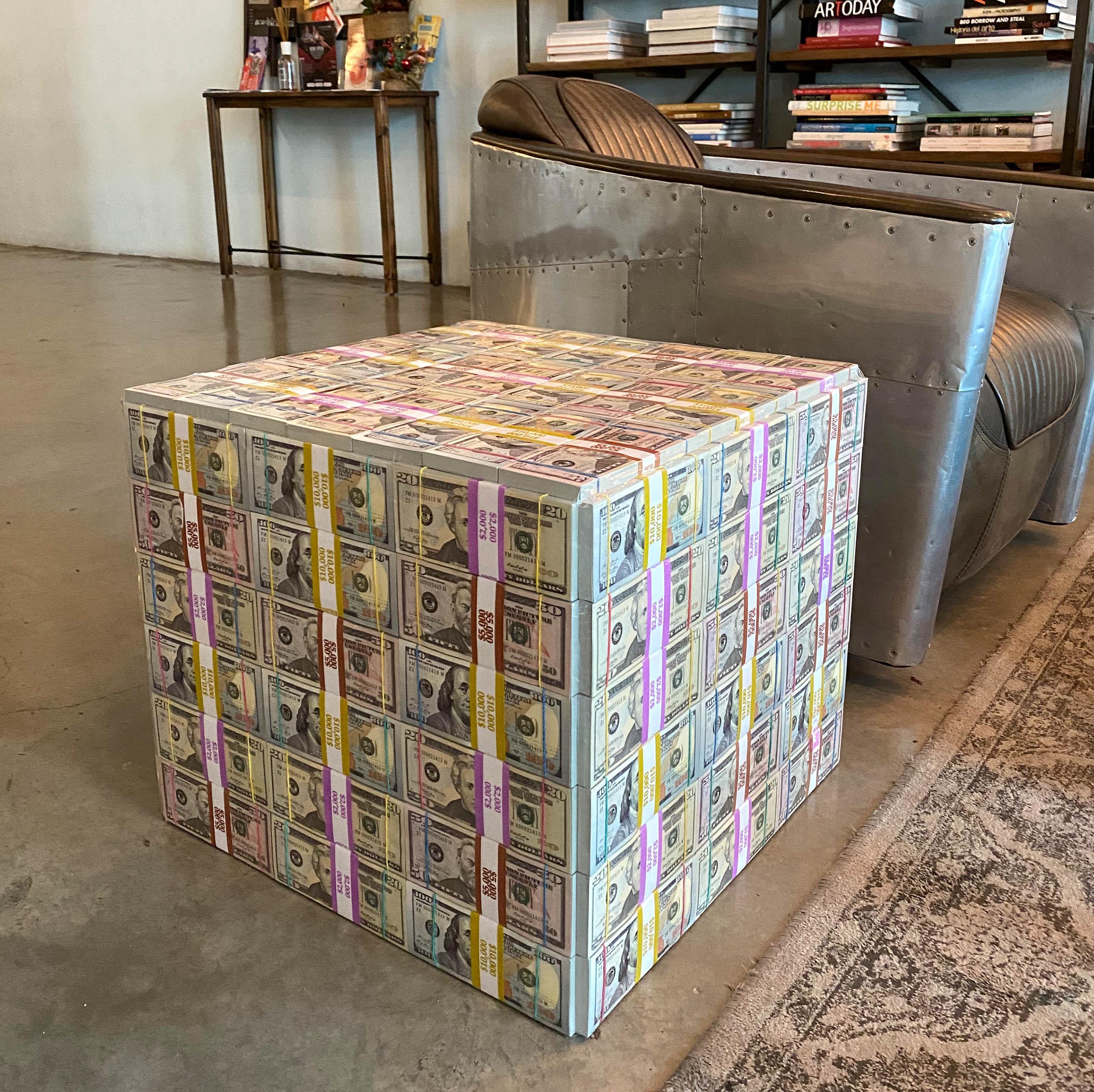 Handmade Stash Mix Money Table featuring stacks of 20s, 50s, and 100s, perfect for home or office decor.