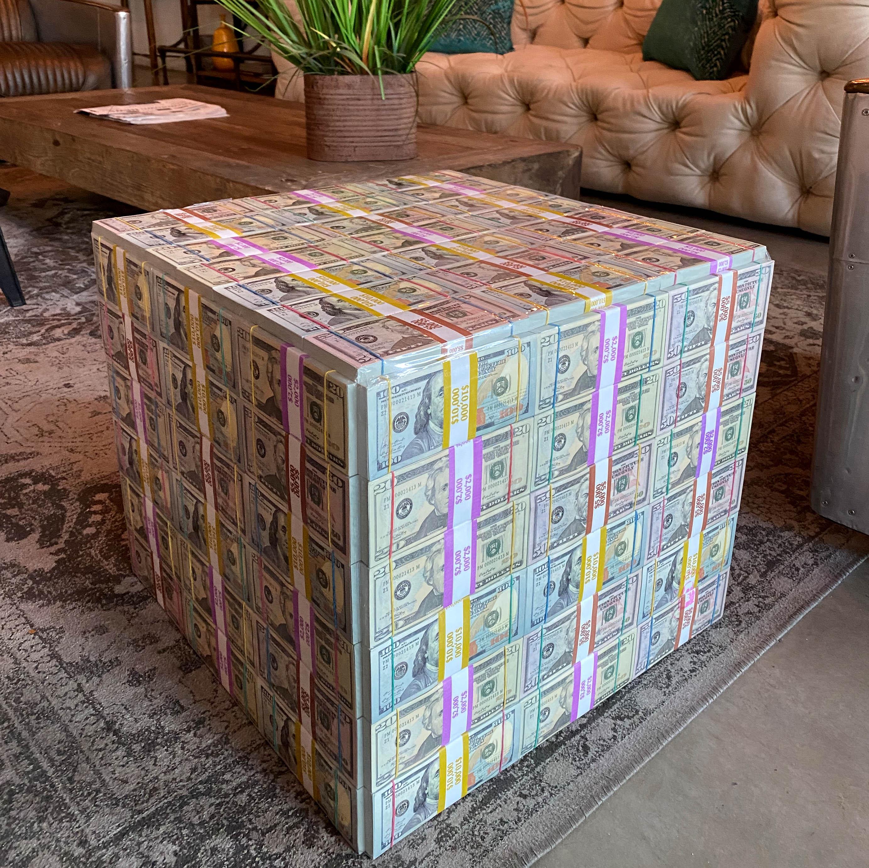 Handmade Stash Mix Money Table featuring stacks of 20s, 50s, and 100s, perfect for home or office decor.