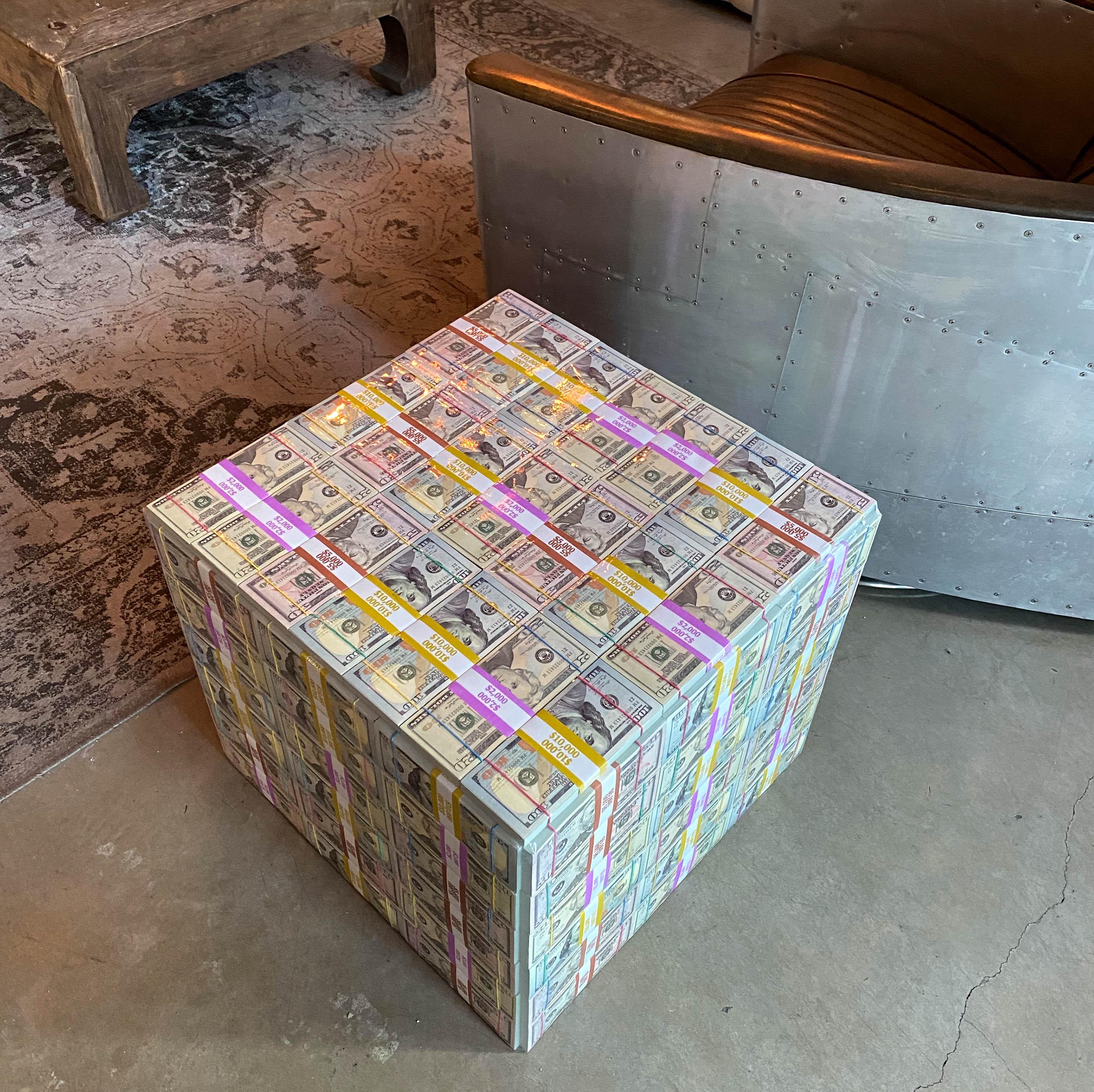 Handmade Stash Mix Money Table featuring stacks of 20s, 50s, and 100s, perfect for home or office decor.