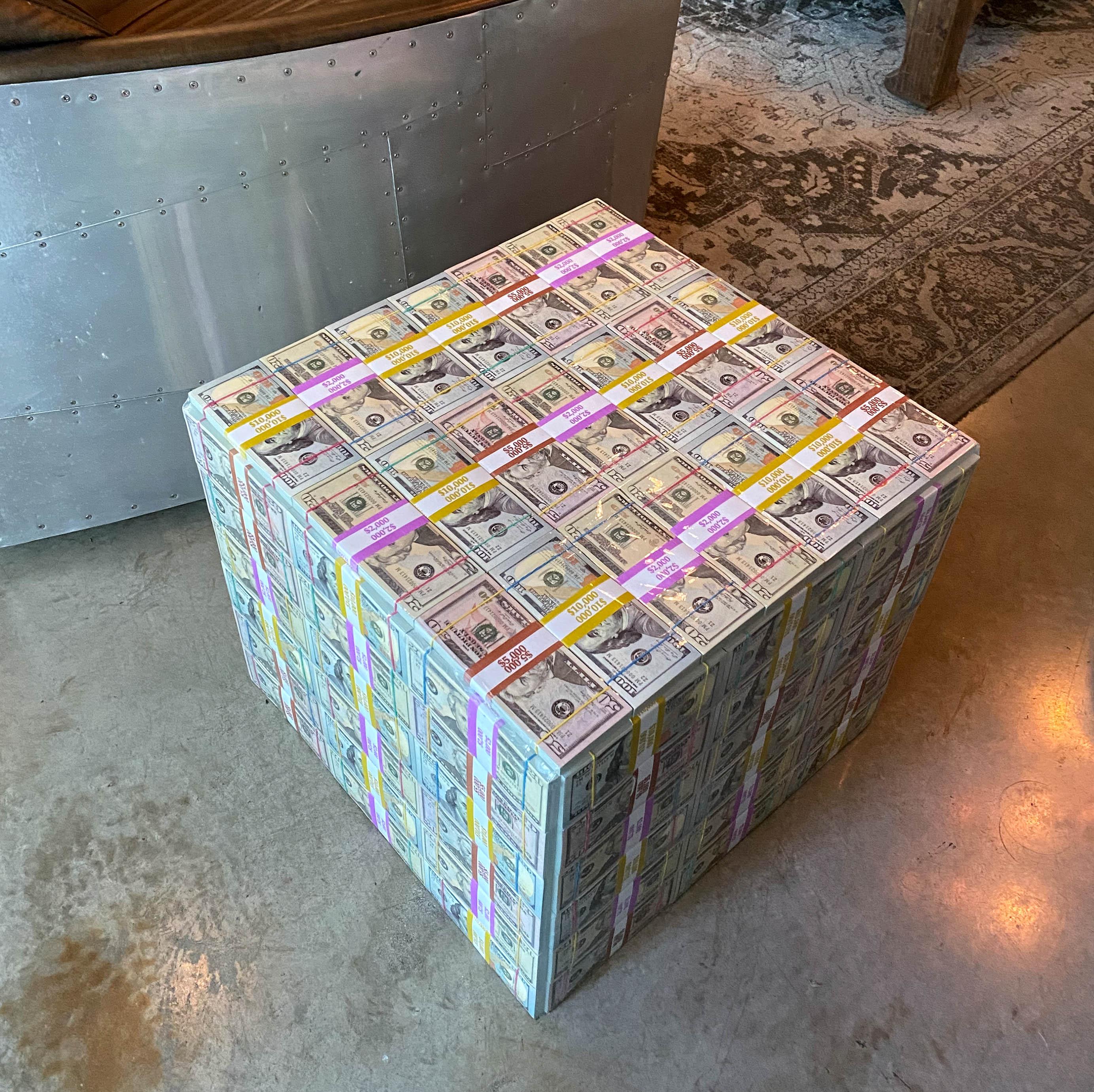 Handmade Stash Mix Money Table featuring stacks of 20s, 50s, and 100s, perfect for home or office decor.