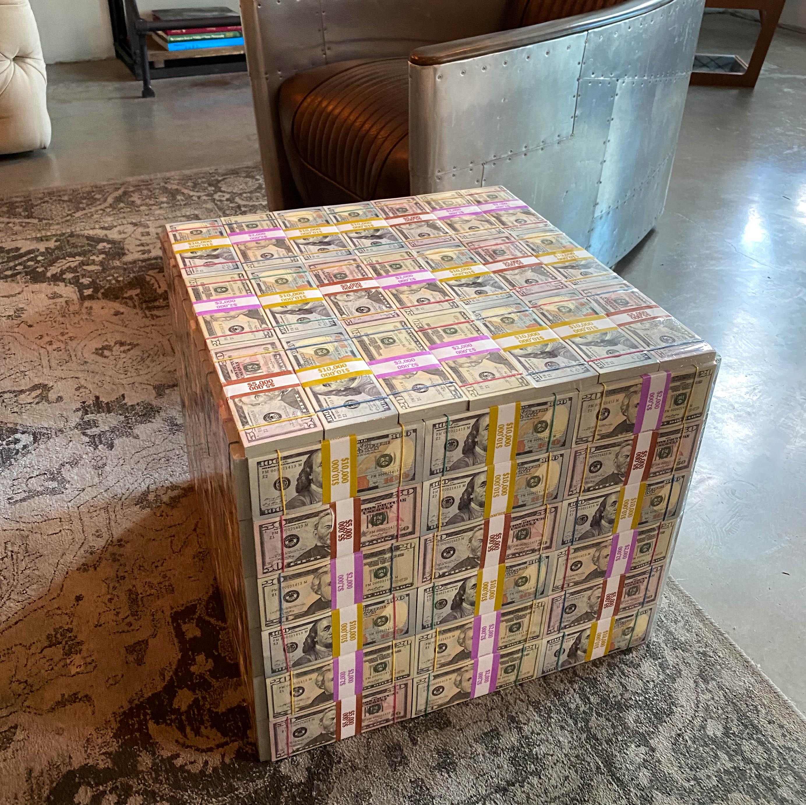 Handmade Stash Mix Money Table featuring stacks of 20s, 50s, and 100s, perfect for home or office decor.