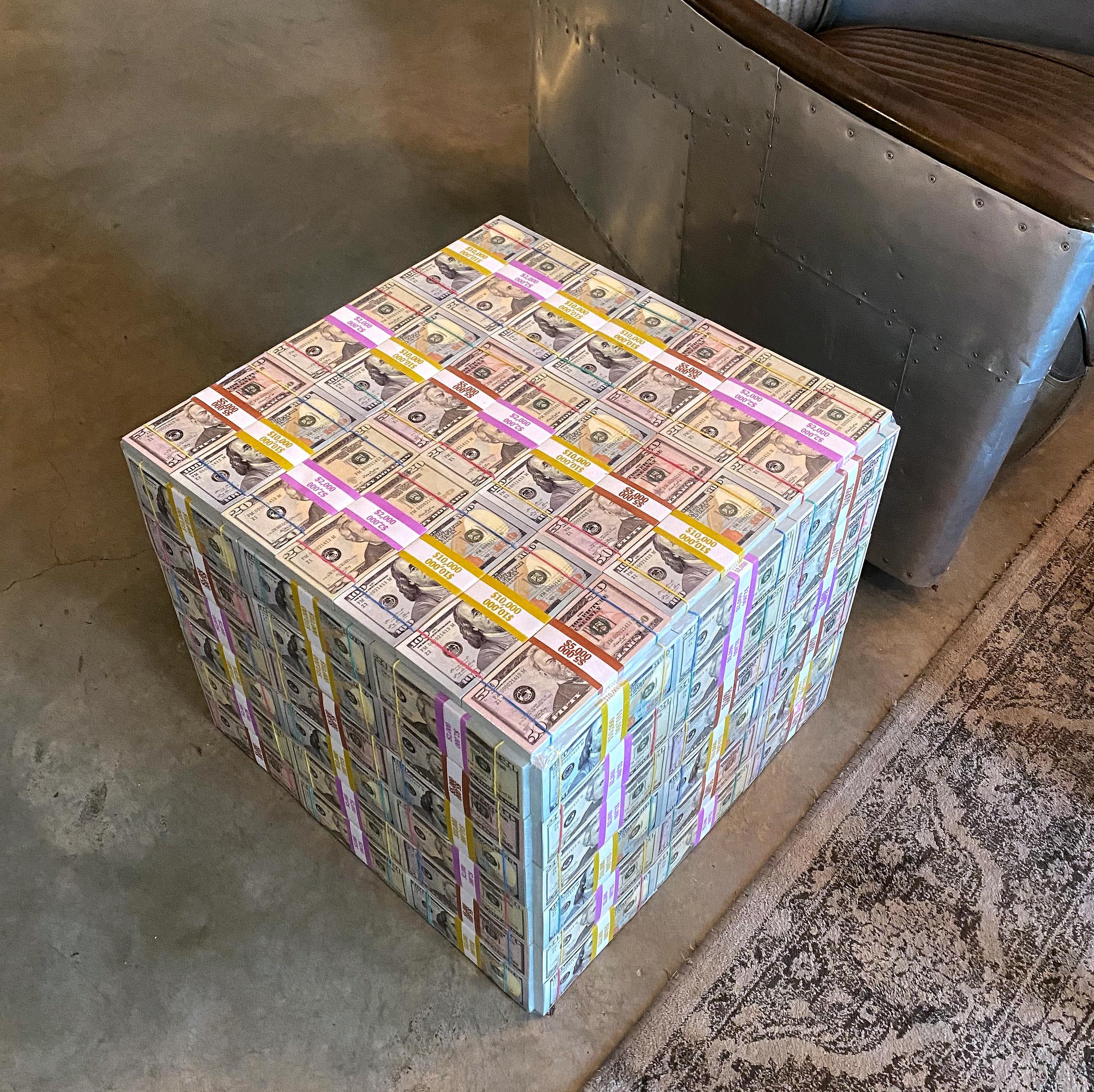 Handmade Stash Mix Money Table featuring stacks of 20s, 50s, and 100s, perfect for home or office decor.