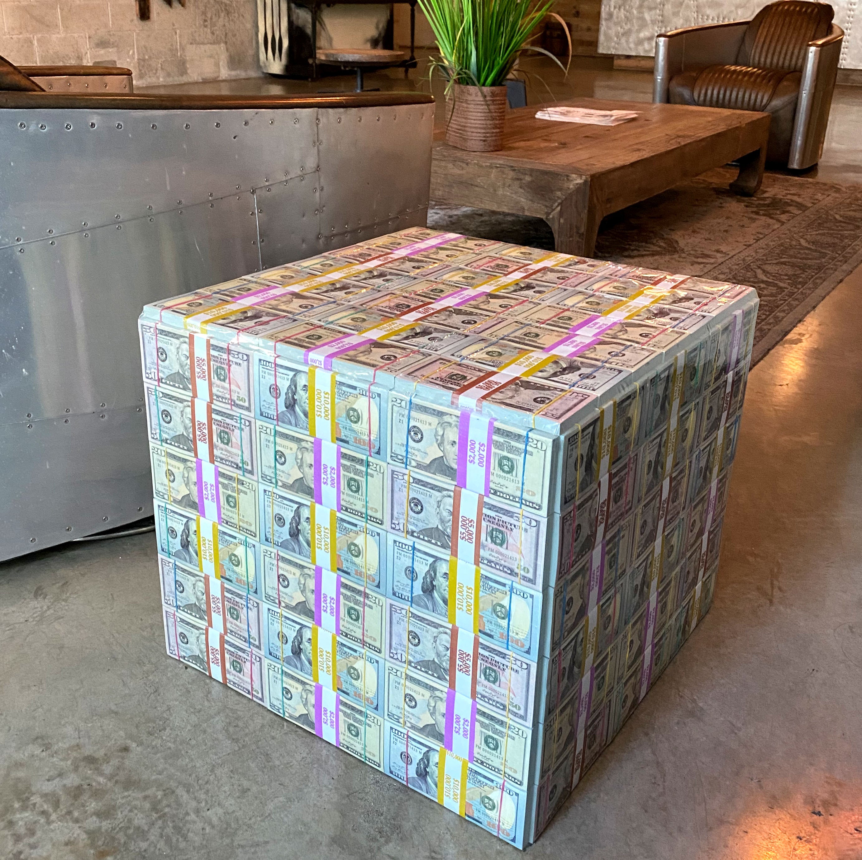 Handmade Stash Mix Money Table featuring stacks of 20s, 50s, and 100s, perfect for home or office decor.