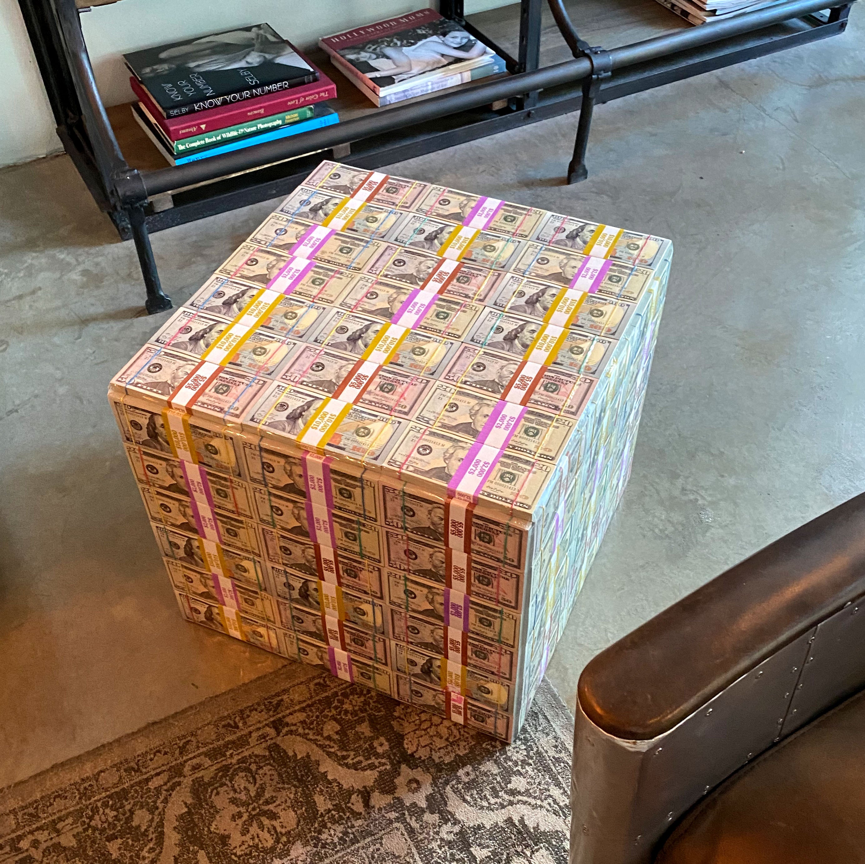 Handmade Stash Mix Money Table featuring stacks of 20s, 50s, and 100s, perfect for home or office decor.