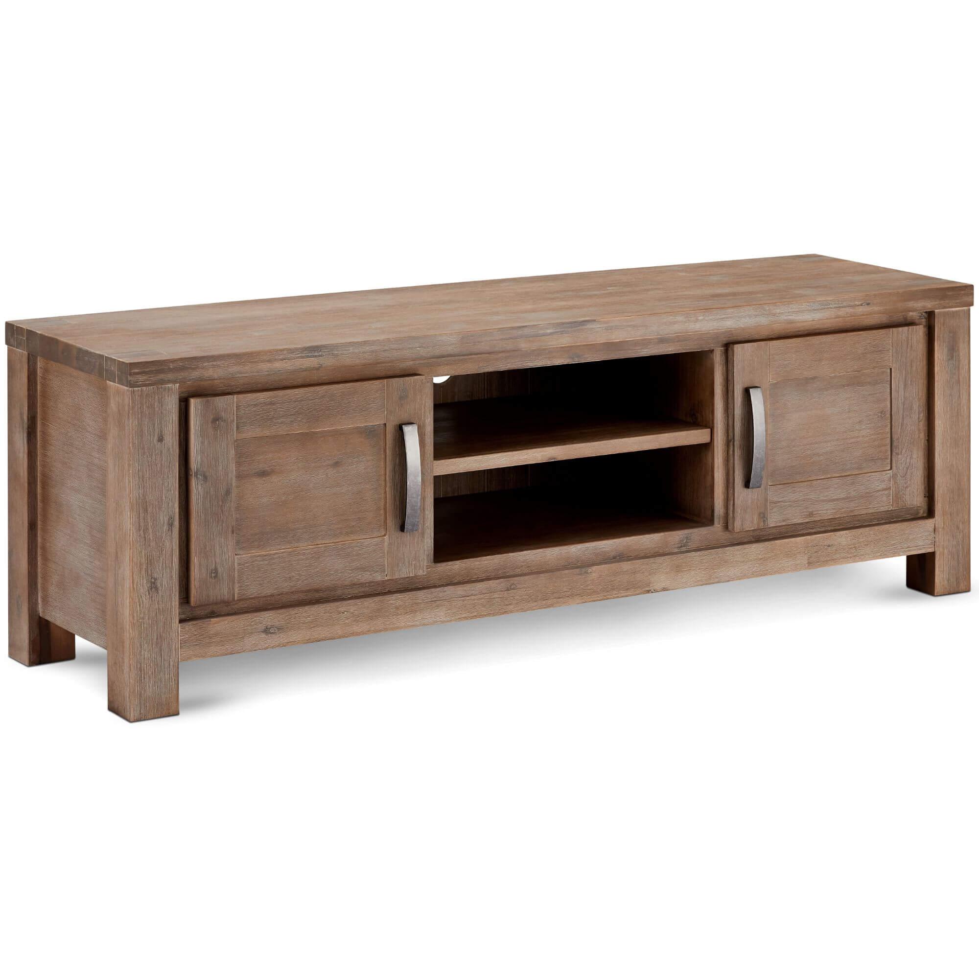 Alaska Solid Acacia TV Table showcasing elegant design and ample storage space for entertainment devices.