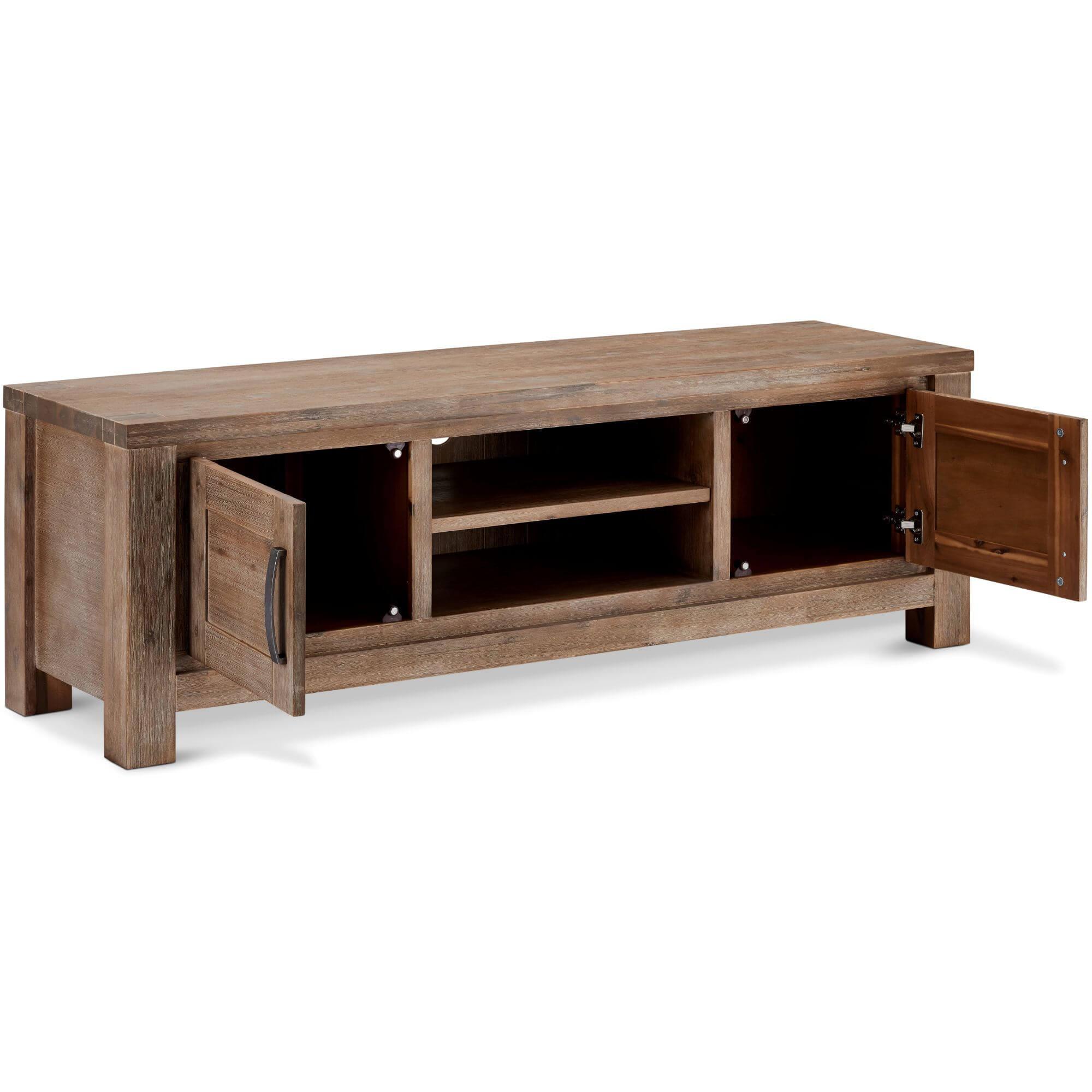 Alaska Solid Acacia TV Table showcasing elegant design and ample storage space for entertainment devices.