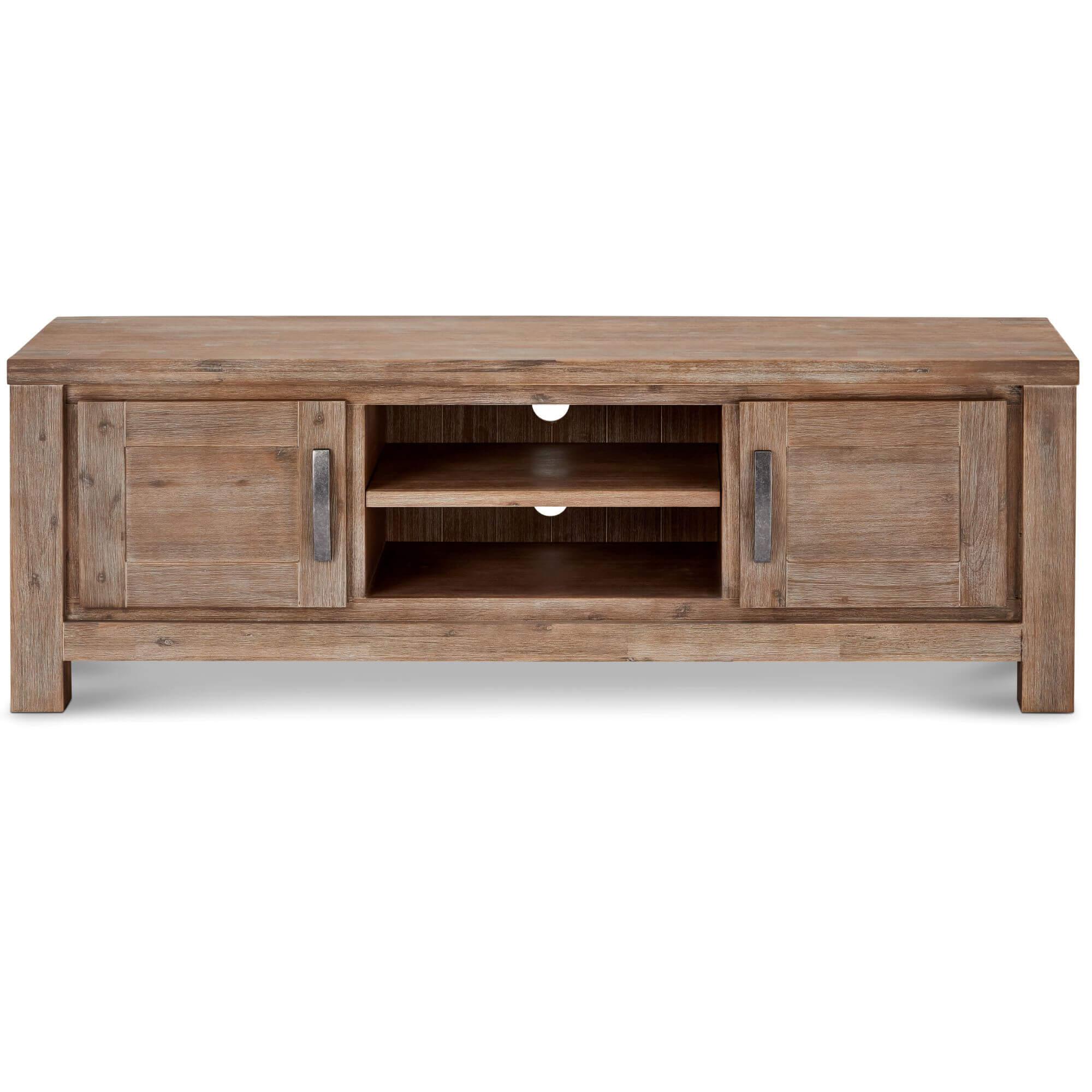 Alaska Solid Acacia TV Table showcasing elegant design and ample storage space for entertainment devices.